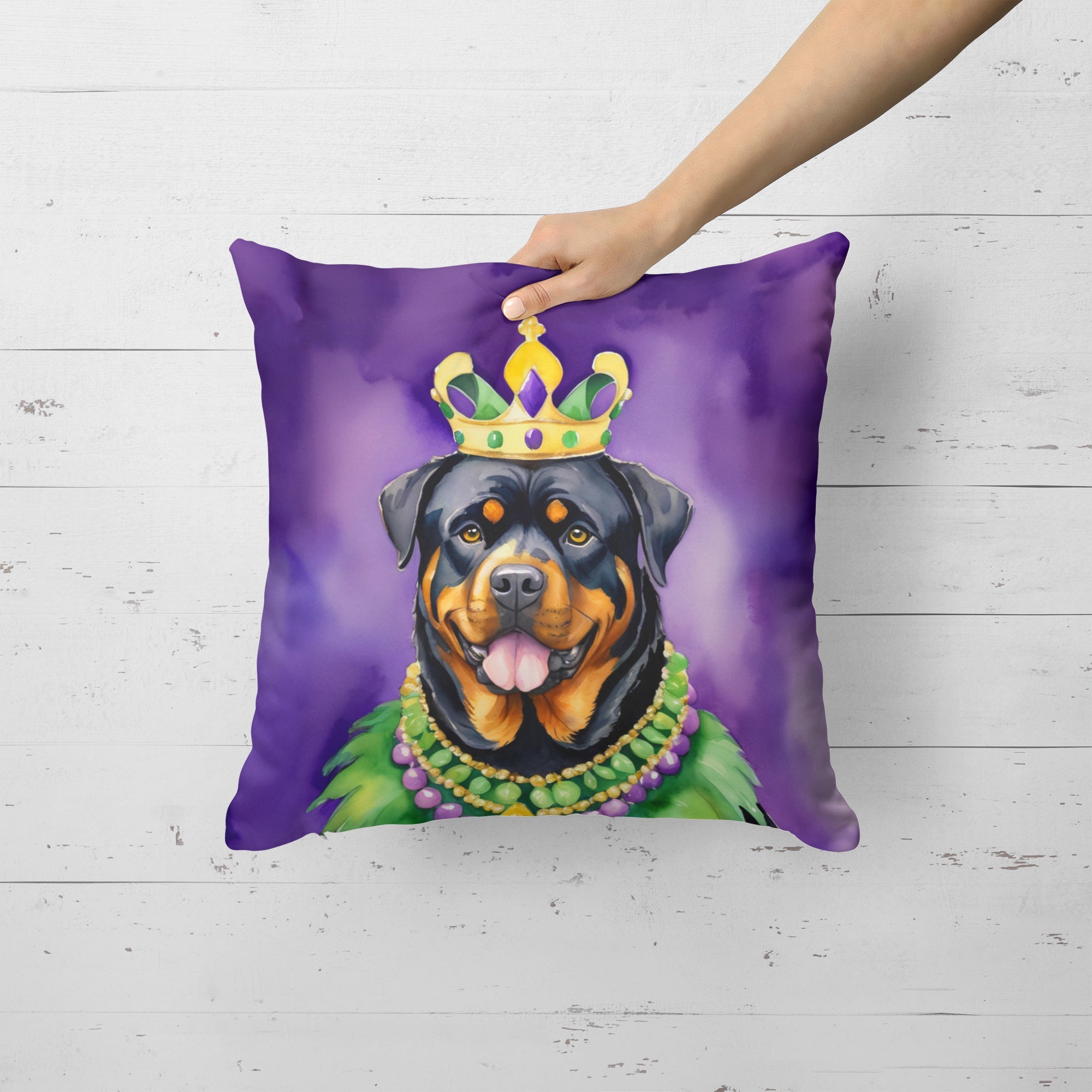 Rottweiler King of Mardi Gras Decorative Throw Pillow 18x18 Indoor Outdoor Accent Cushion, Fabric Cover with Insert for Sofa, Bed, Porch & Living Room