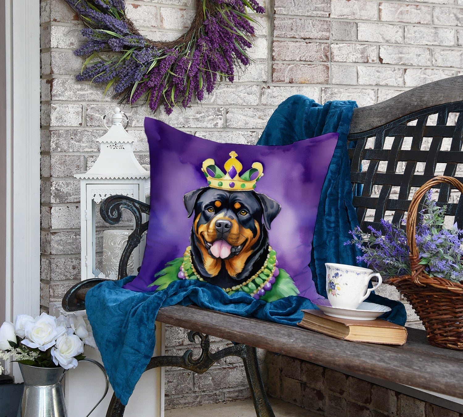Rottweiler King of Mardi Gras Decorative Throw Pillow 18x18 Indoor Outdoor Accent Cushion, Fabric Cover with Insert for Sofa, Bed, Porch & Living Room