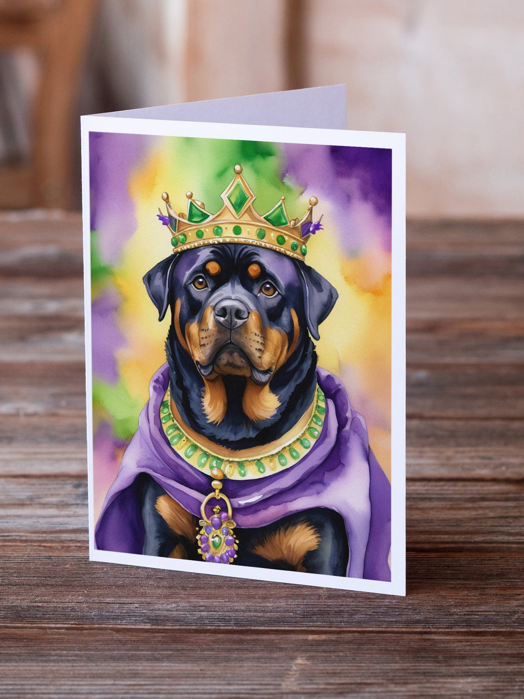 Rottweiler King of Mardi Gras Greeting Cards Pack of 8 Blank Cards with Envelopes Whimsical A7 Size 5x7
