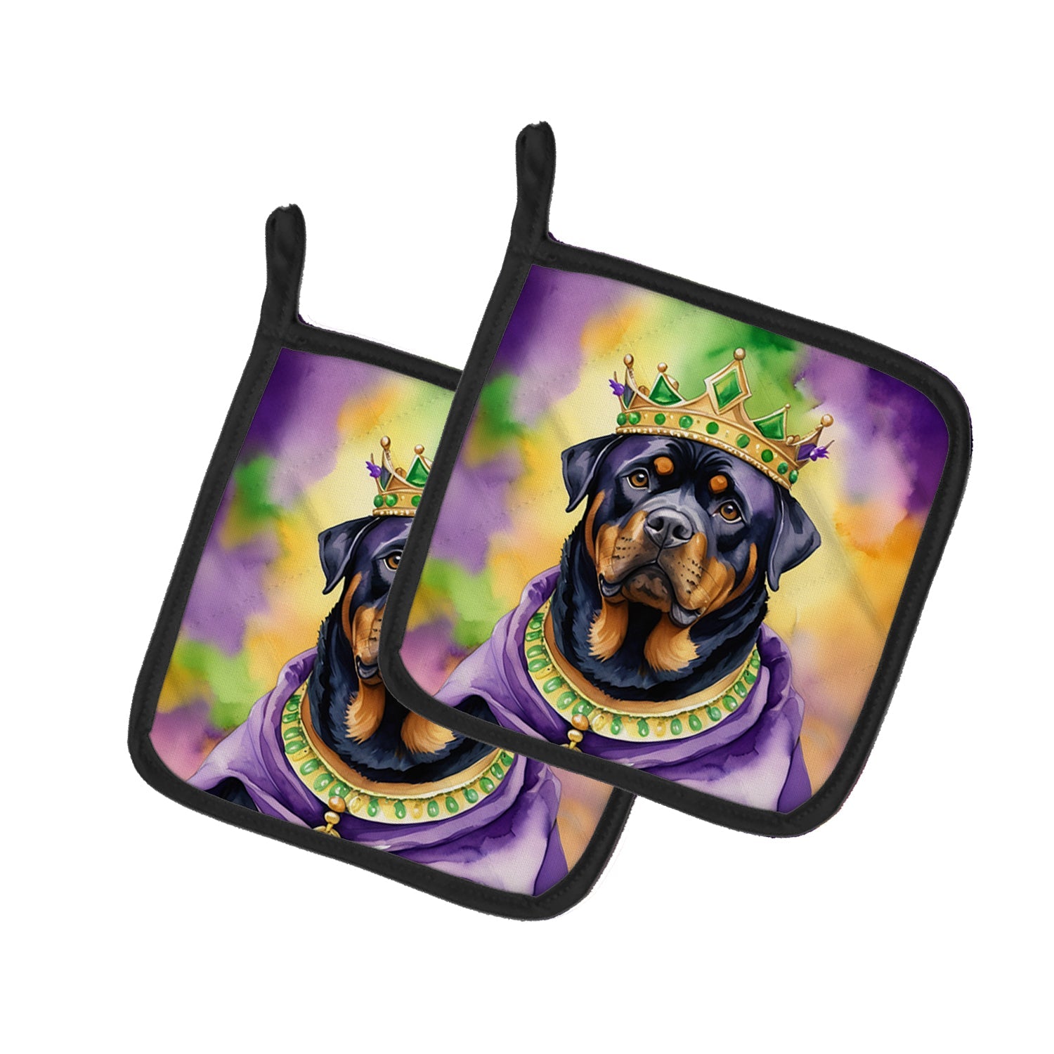 Rottweiler King of Mardi Gras Pot Holder Set of 2 Heat Resistant Quilted Hot Pads 7.5 x 7.5 Inch, Insulated Kitchen Trivets for Cooking & Baking