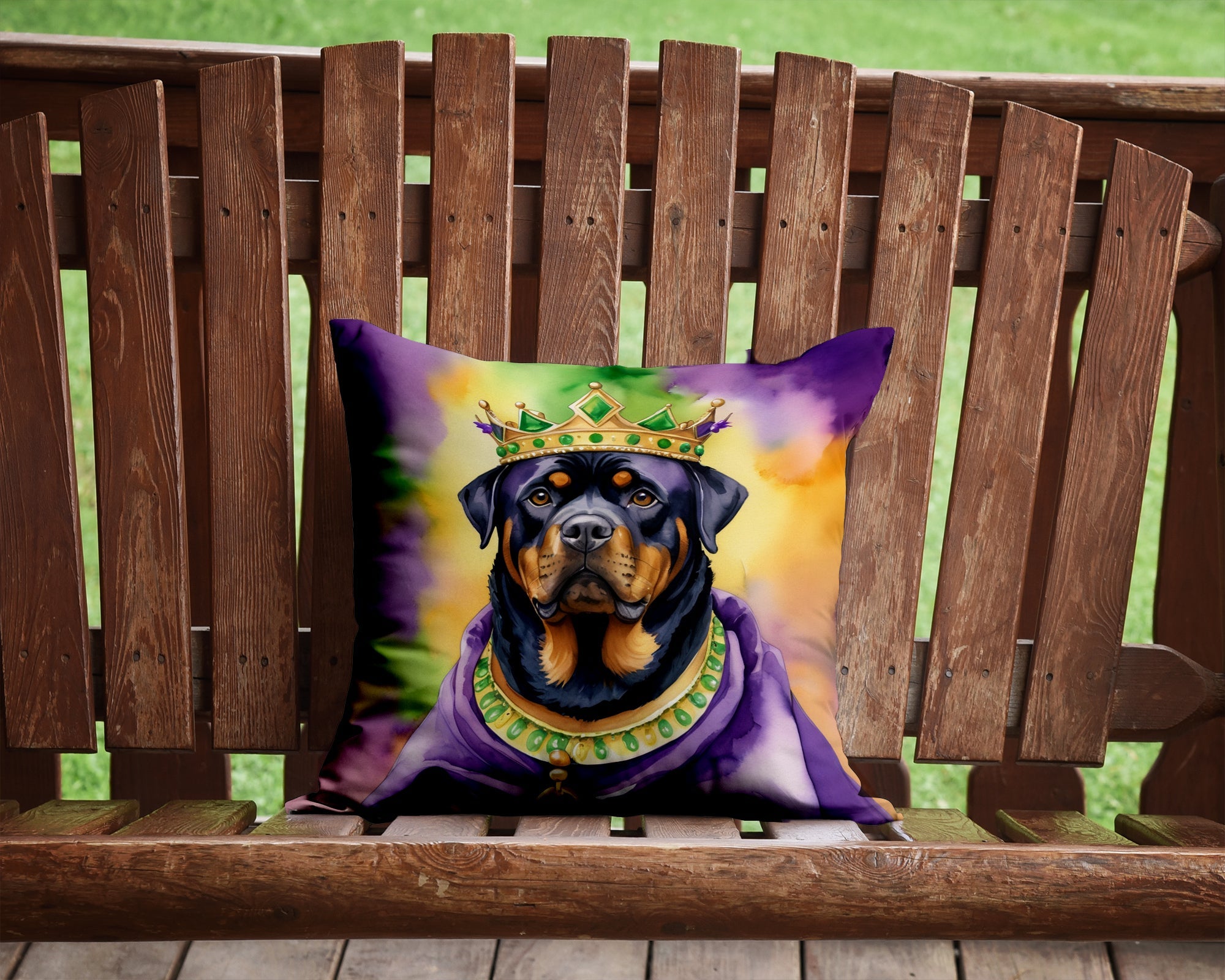 Rottweiler King of Mardi Gras Decorative Throw Pillow 14x14 Indoor Outdoor Accent Cushion, Fabric Cover with Insert for Sofa, Bed, Porch & Living Room