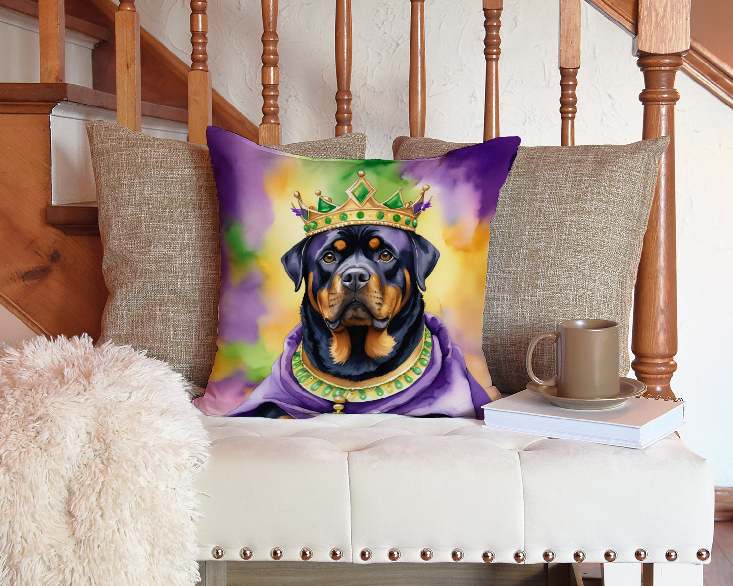 Rottweiler King of Mardi Gras Decorative Throw Pillow 14x14 Indoor Outdoor Accent Cushion, Fabric Cover with Insert for Sofa, Bed, Porch & Living Room