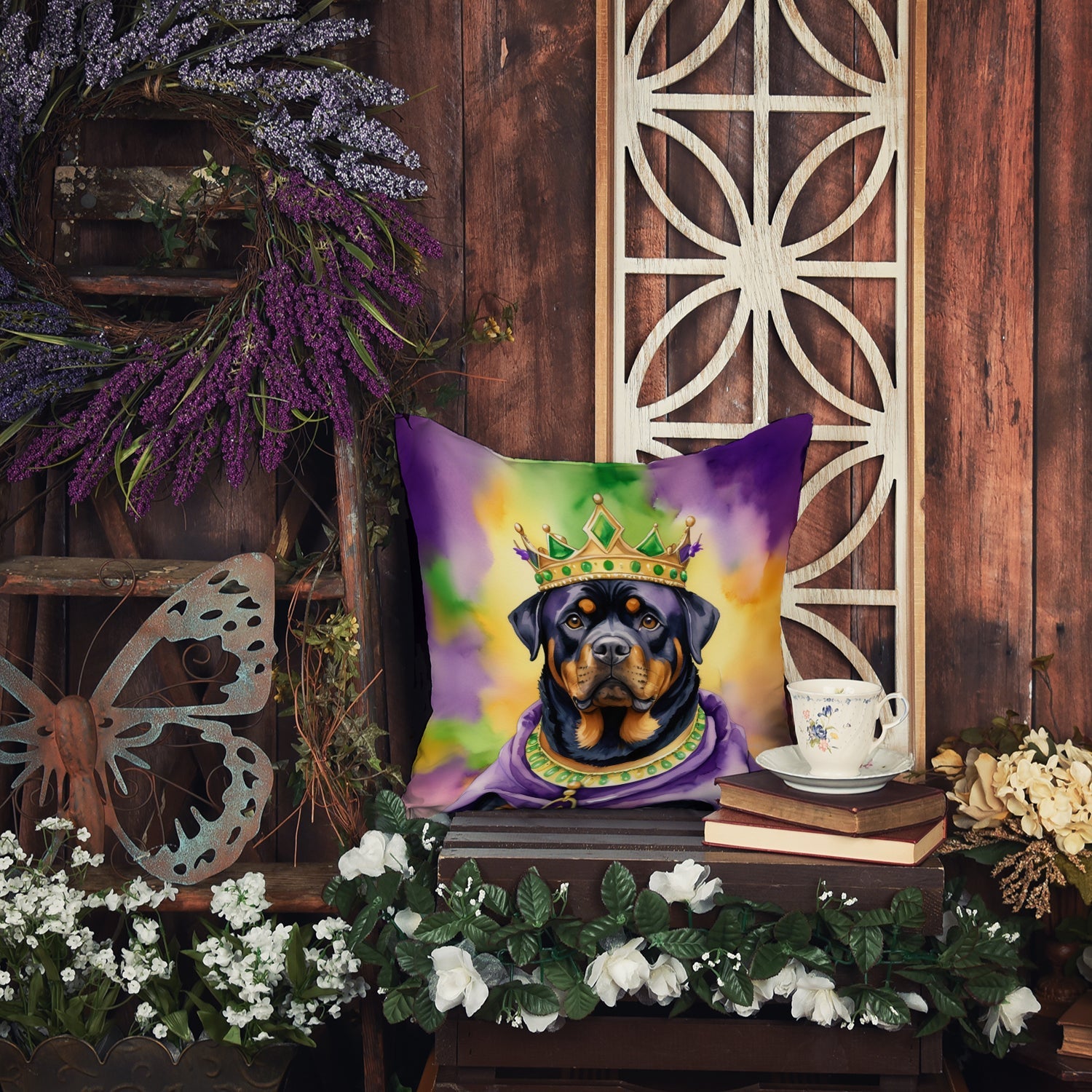 Rottweiler King of Mardi Gras Decorative Throw Pillow 14x14 Indoor Outdoor Accent Cushion, Fabric Cover with Insert for Sofa, Bed, Porch & Living Room