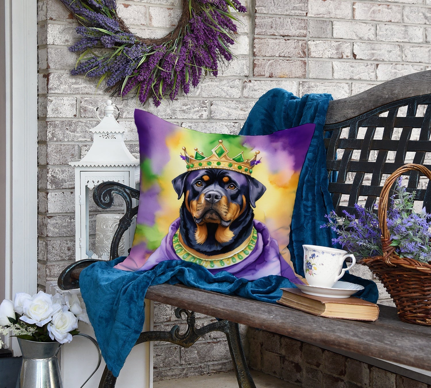 Rottweiler King of Mardi Gras Decorative Throw Pillow 18x18 Indoor Outdoor Accent Cushion, Fabric Cover with Insert for Sofa, Bed, Porch & Living Room