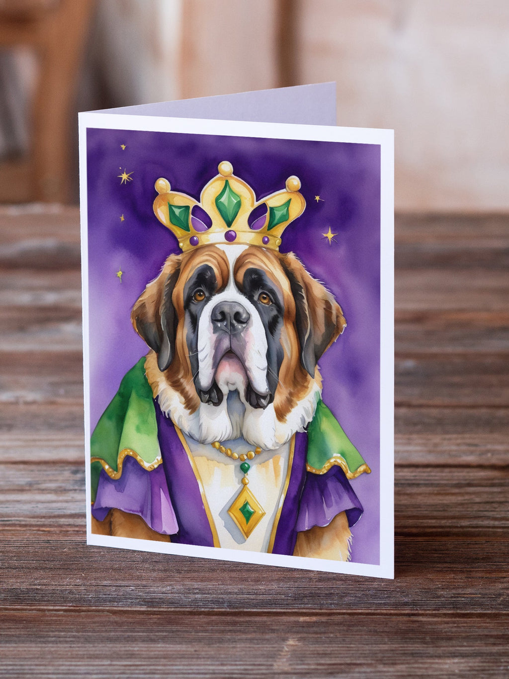 Saint Bernard King of Mardi Gras Greeting Cards Pack of 8 Blank Cards with Envelopes Whimsical A7 Size 5x7