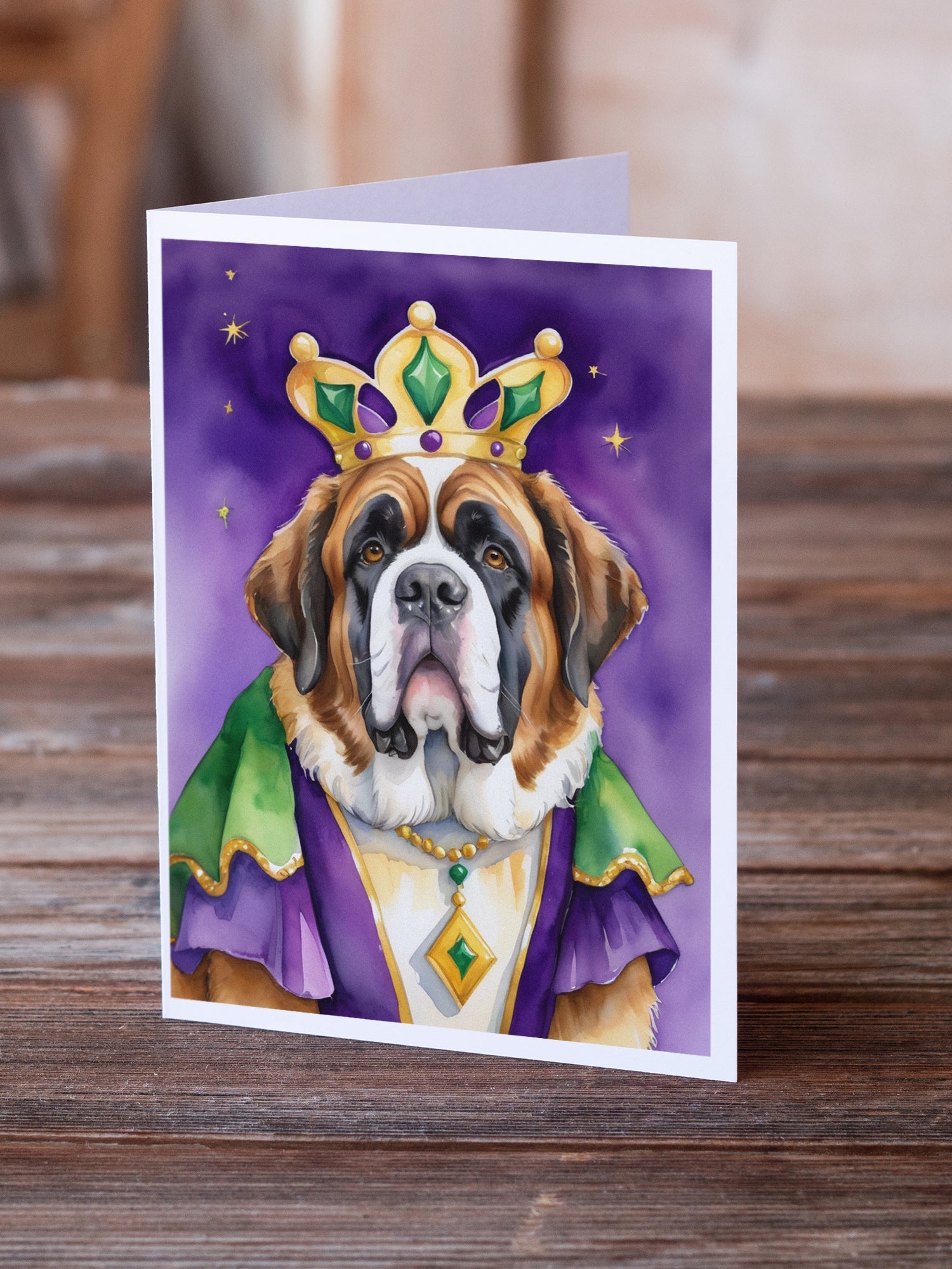 Saint Bernard King of Mardi Gras Greeting Cards Pack of 8 Blank Cards with Envelopes Whimsical A7 Size 5x7
