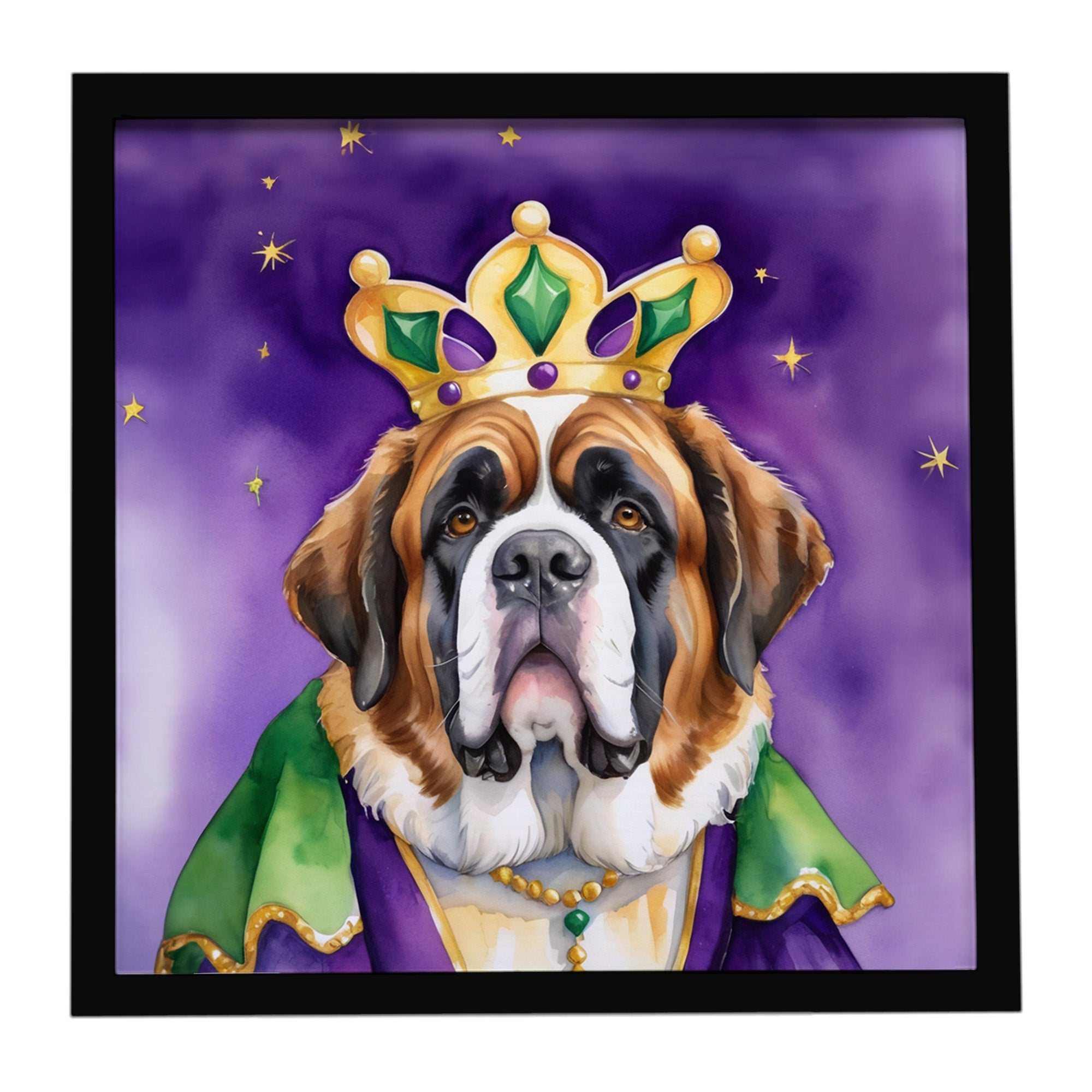 Saint Bernard King of Mardi Gras Framed Metal Print Bathroom, Kitchen, Office, Home Decor Wall Art Ready to Hang, Square, 8X8