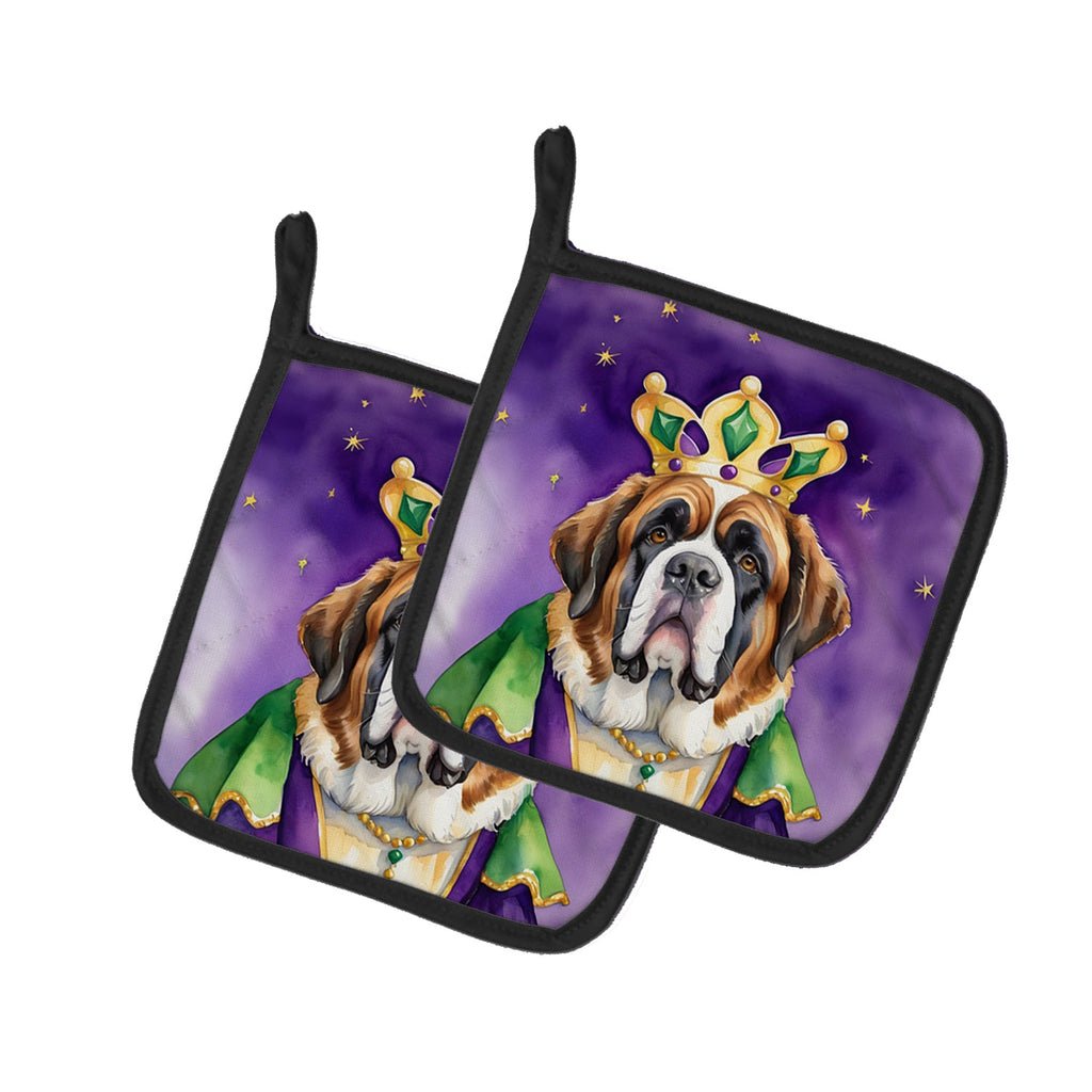 Saint Bernard King of Mardi Gras Pot Holder Set of 2 Heat Resistant Quilted Hot Pads 7.5 x 7.5 Inch, Insulated Kitchen Trivets for Cooking & Baking