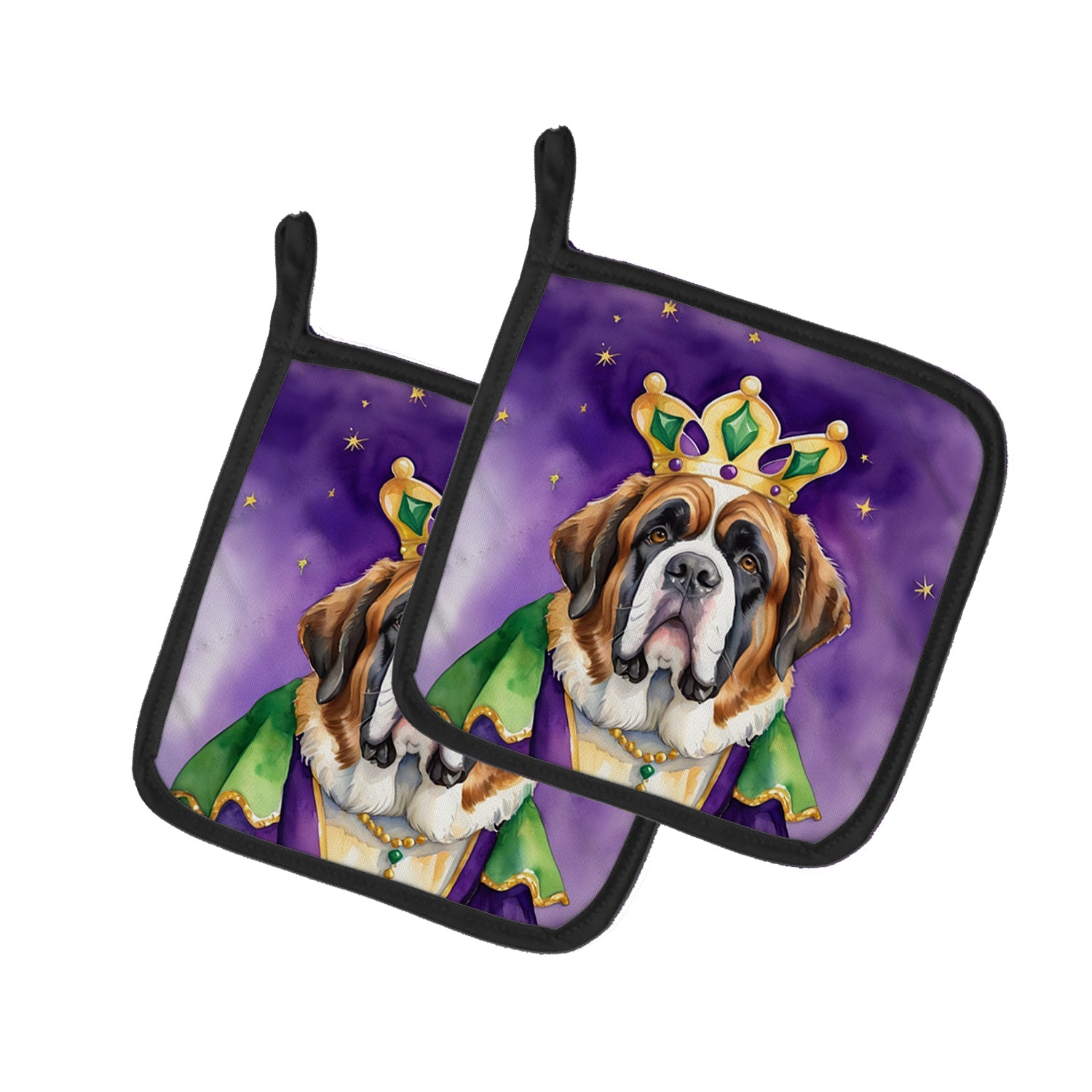 Saint Bernard King of Mardi Gras Pot Holder Set of 2 Heat Resistant Quilted Hot Pads 7.5 x 7.5 Inch, Insulated Kitchen Trivets for Cooking & Baking
