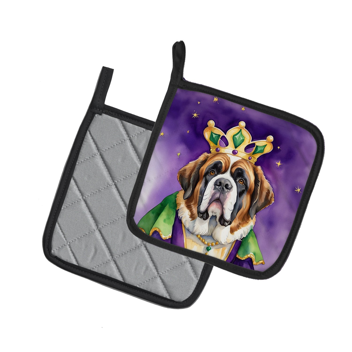 Saint Bernard King of Mardi Gras Pot Holder Set of 2 Heat Resistant Quilted Hot Pads 7.5 x 7.5 Inch, Insulated Kitchen Trivets for Cooking & Baking