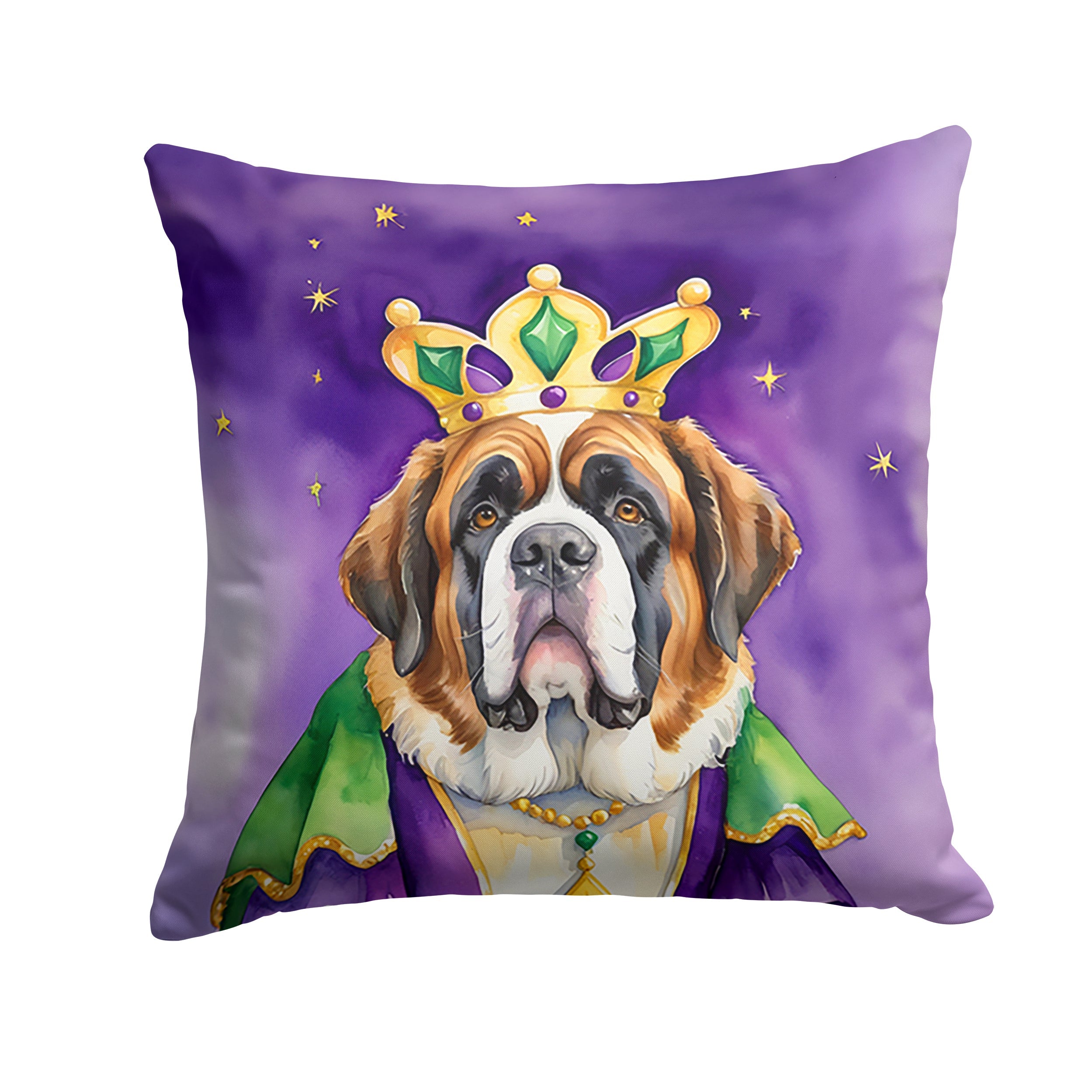 Saint Bernard King of Mardi Gras Decorative Throw Pillow 14x14 Indoor Outdoor Accent Cushion, Fabric Cover with Insert for Sofa, Bed, Porch & Living Room