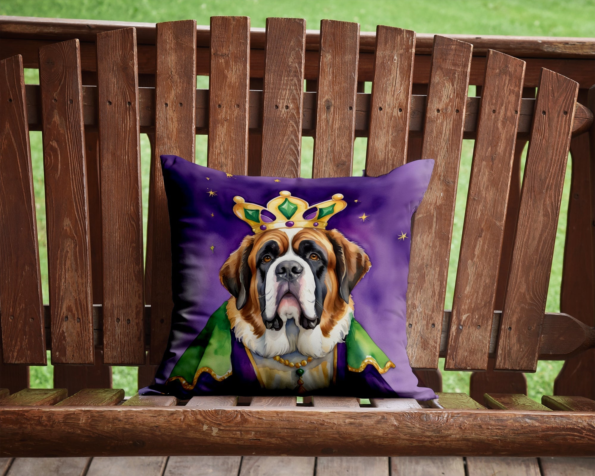 Saint Bernard King of Mardi Gras Decorative Throw Pillow 14x14 Indoor Outdoor Accent Cushion, Fabric Cover with Insert for Sofa, Bed, Porch & Living Room