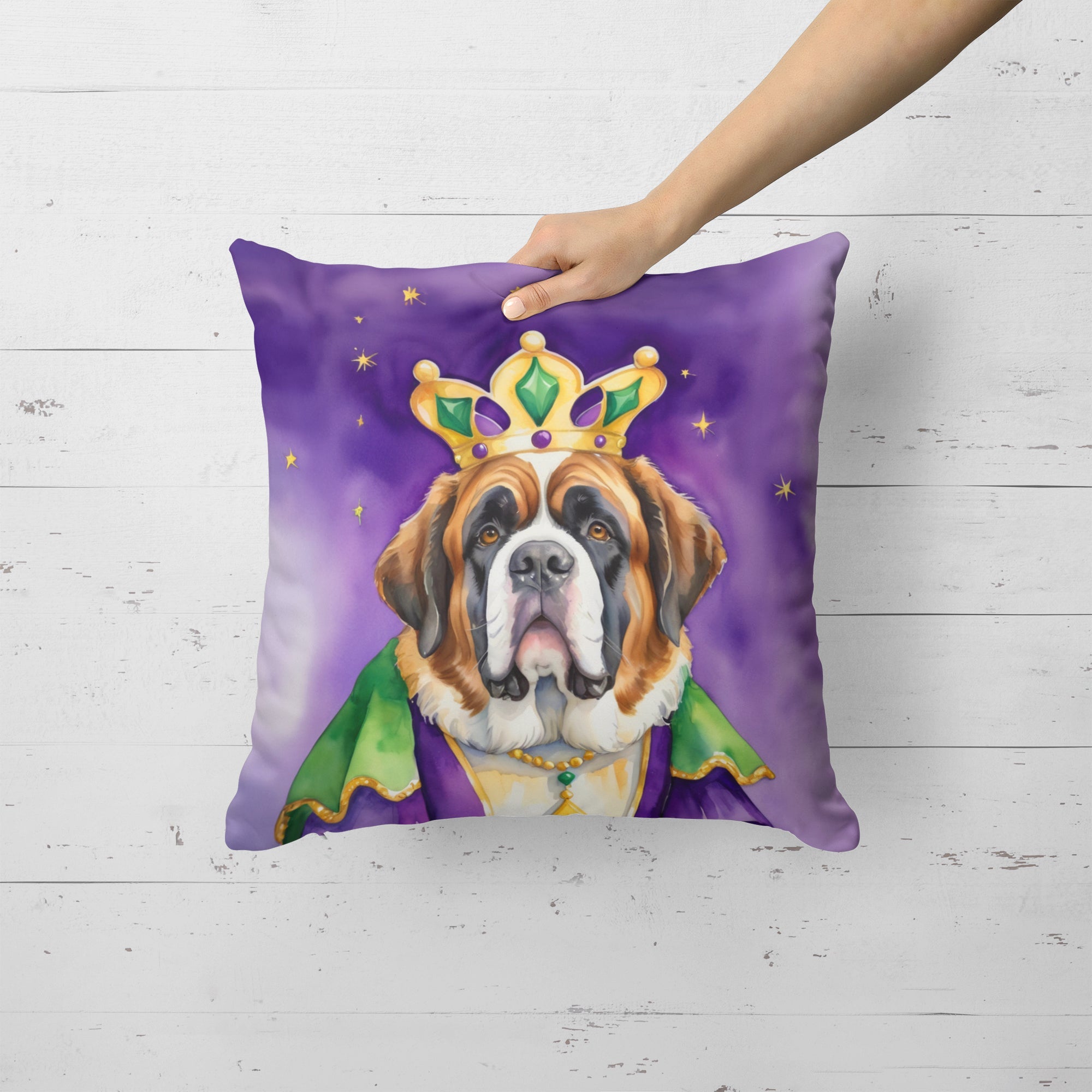 Saint Bernard King of Mardi Gras Decorative Throw Pillow 18x18 Indoor Outdoor Accent Cushion, Fabric Cover with Insert for Sofa, Bed, Porch & Living Room