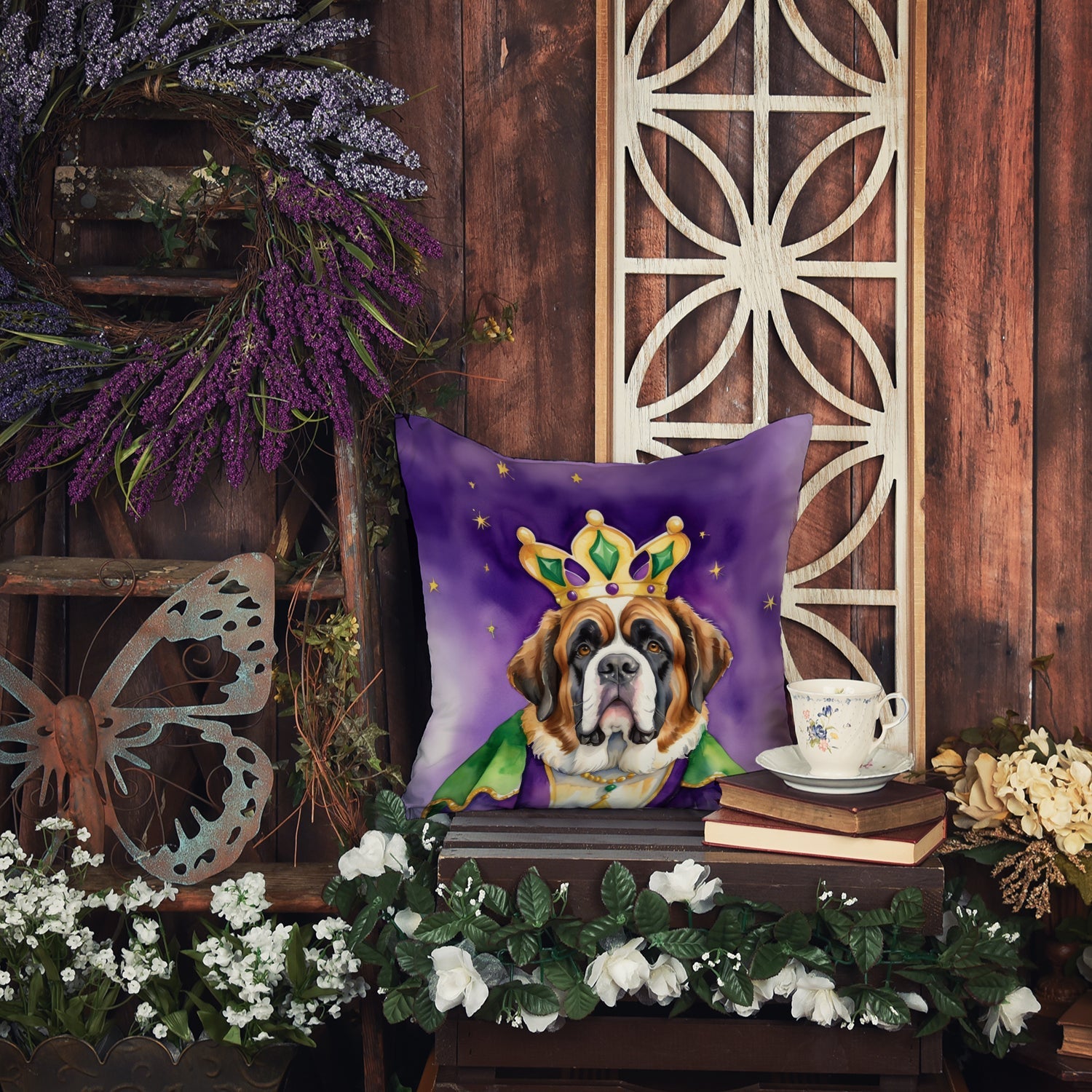Saint Bernard King of Mardi Gras Decorative Throw Pillow 18x18 Indoor Outdoor Accent Cushion, Fabric Cover with Insert for Sofa, Bed, Porch & Living Room
