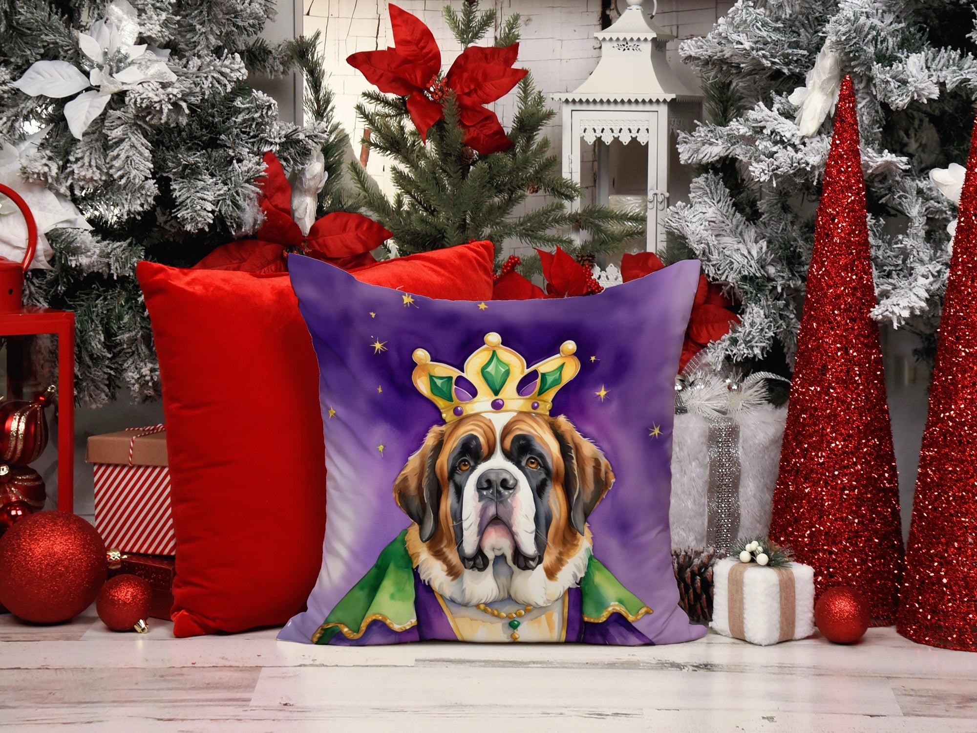 Saint Bernard King of Mardi Gras Decorative Throw Pillow 18x18 Indoor Outdoor Accent Cushion, Fabric Cover with Insert for Sofa, Bed, Porch & Living Room
