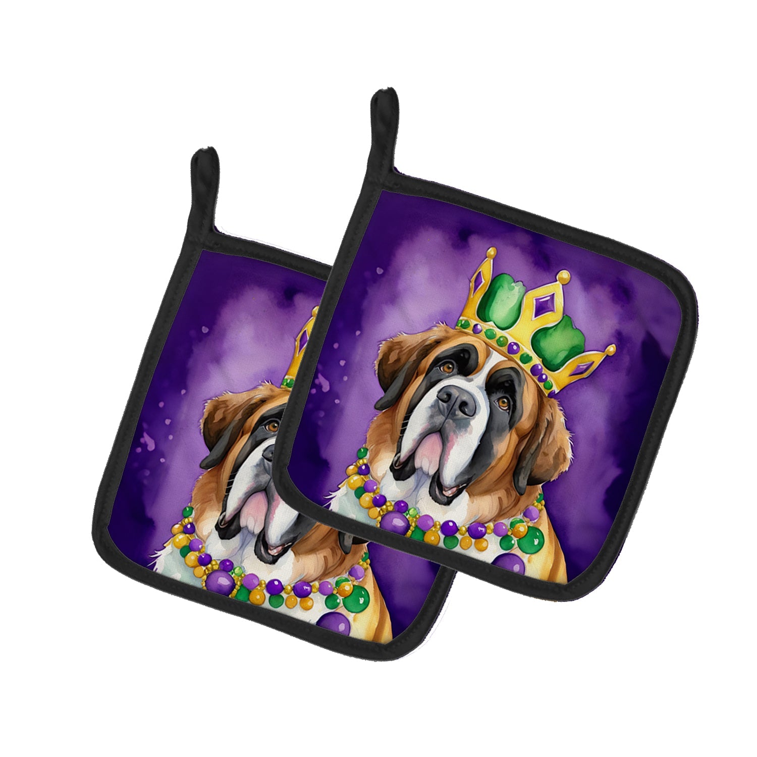Saint Bernard King of Mardi Gras Pot Holder Set of 2 Heat Resistant Quilted Hot Pads 7.5 x 7.5 Inch, Insulated Kitchen Trivets for Cooking & Baking