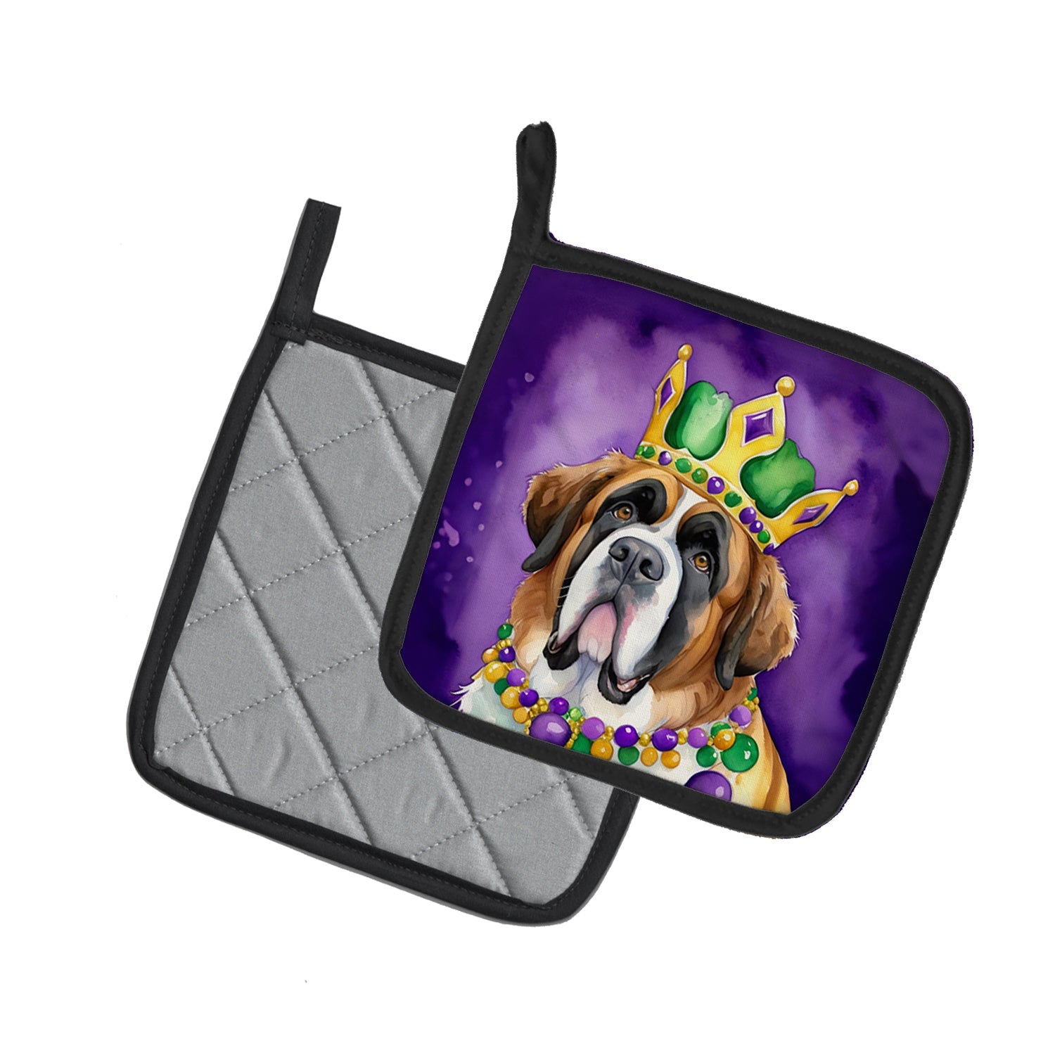 Saint Bernard King of Mardi Gras Pot Holder Set of 2 Heat Resistant Quilted Hot Pads 7.5 x 7.5 Inch, Insulated Kitchen Trivets for Cooking & Baking
