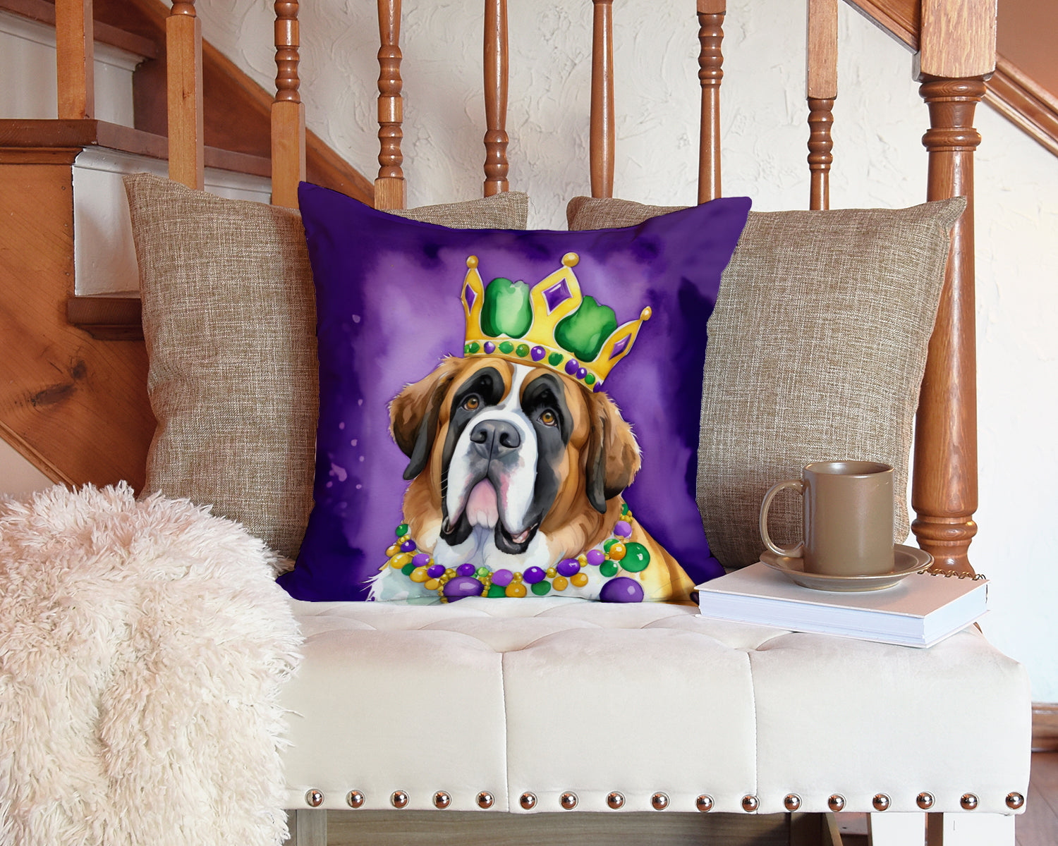 Saint Bernard King of Mardi Gras Decorative Throw Pillow 14x14 Indoor Outdoor Accent Cushion, Fabric Cover with Insert for Sofa, Bed, Porch & Living Room