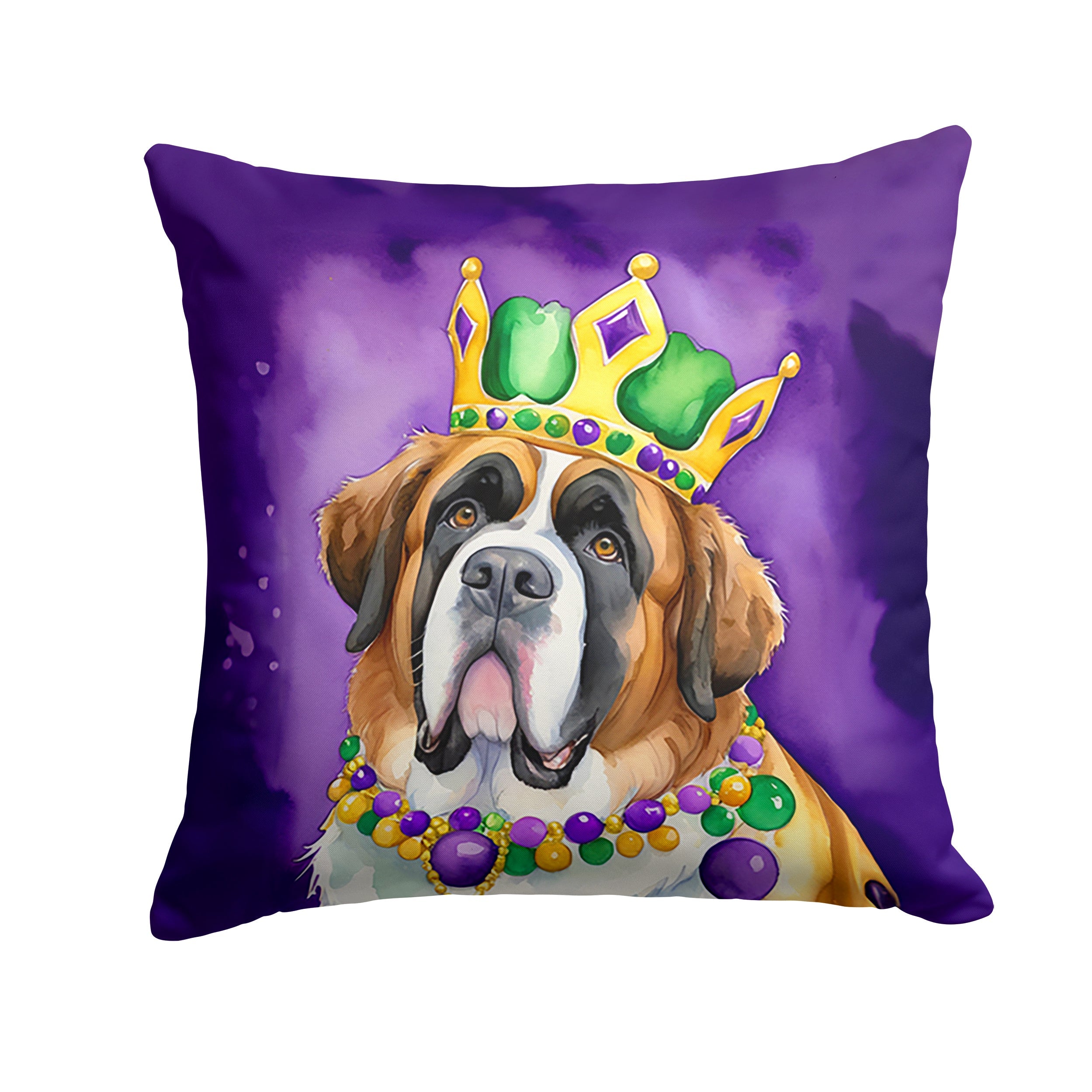 Saint Bernard King of Mardi Gras Decorative Throw Pillow 18x18 Indoor Outdoor Accent Cushion, Fabric Cover with Insert for Sofa, Bed, Porch & Living Room