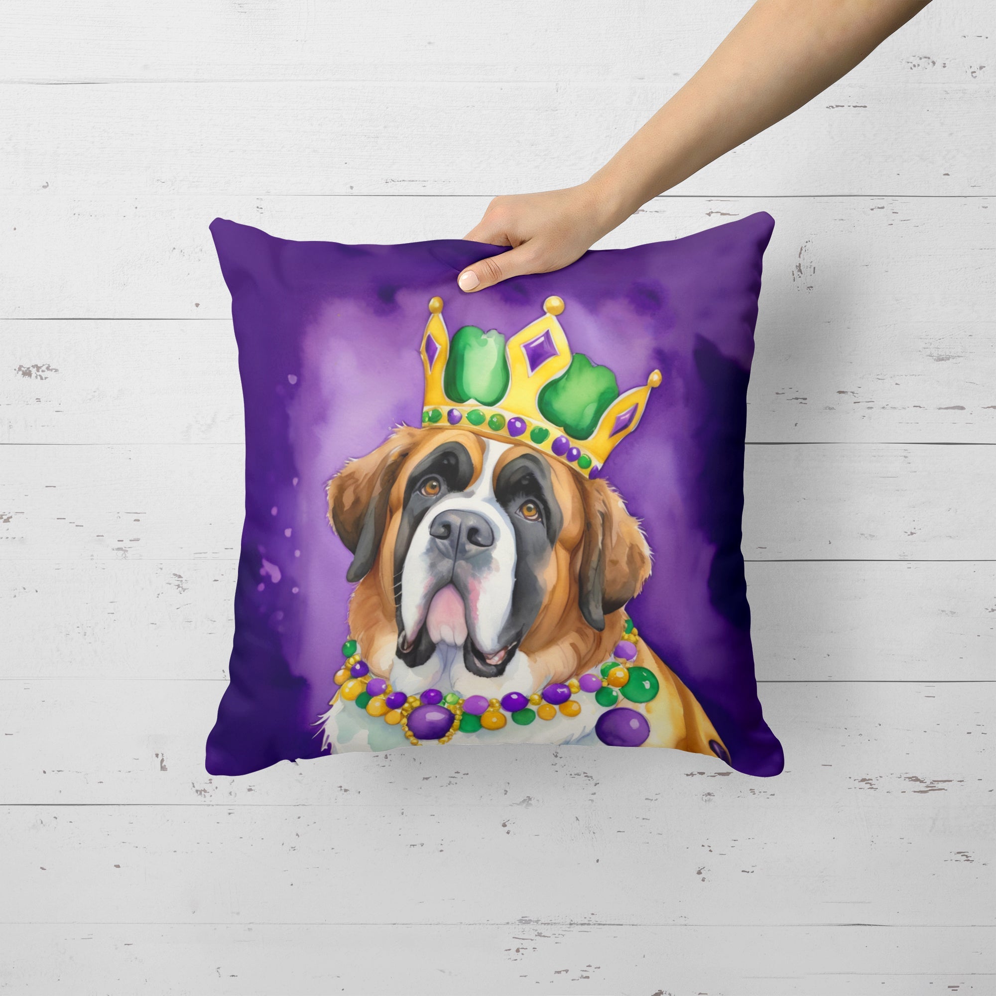 Saint Bernard King of Mardi Gras Decorative Throw Pillow 18x18 Indoor Outdoor Accent Cushion, Fabric Cover with Insert for Sofa, Bed, Porch & Living Room