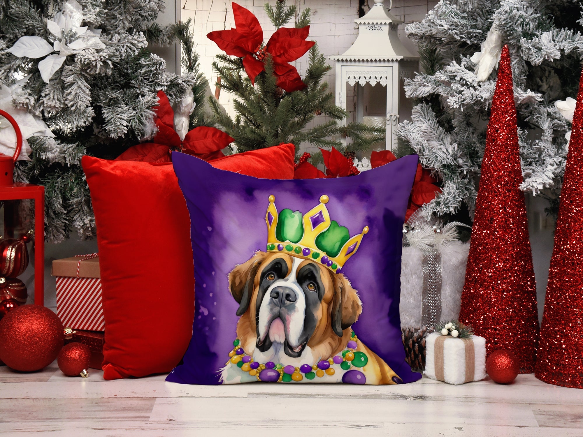 Saint Bernard King of Mardi Gras Decorative Throw Pillow 18x18 Indoor Outdoor Accent Cushion, Fabric Cover with Insert for Sofa, Bed, Porch & Living Room