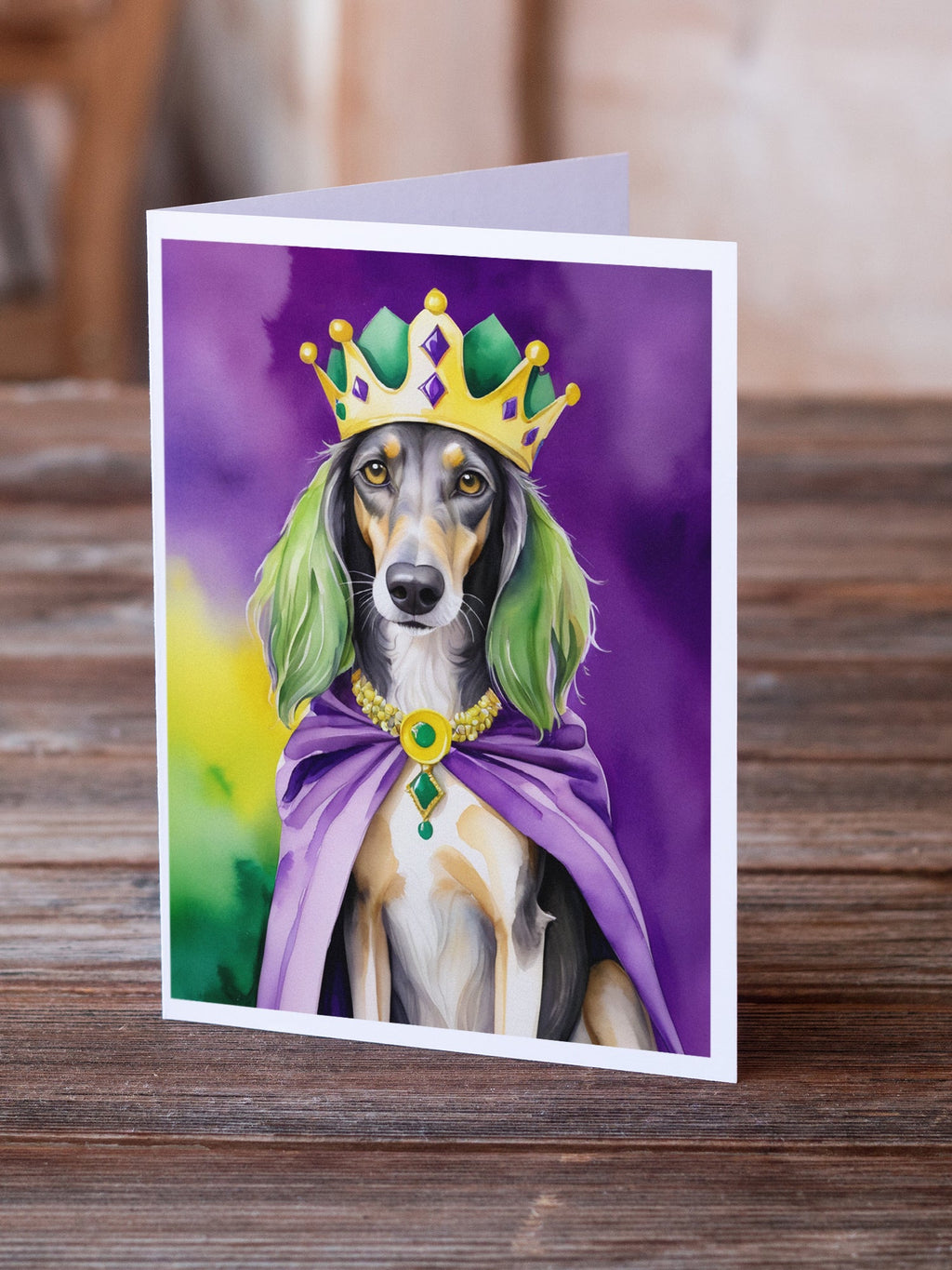 Saluki King of Mardi Gras Greeting Cards Pack of 8 Blank Cards with Envelopes Whimsical A7 Size 5x7