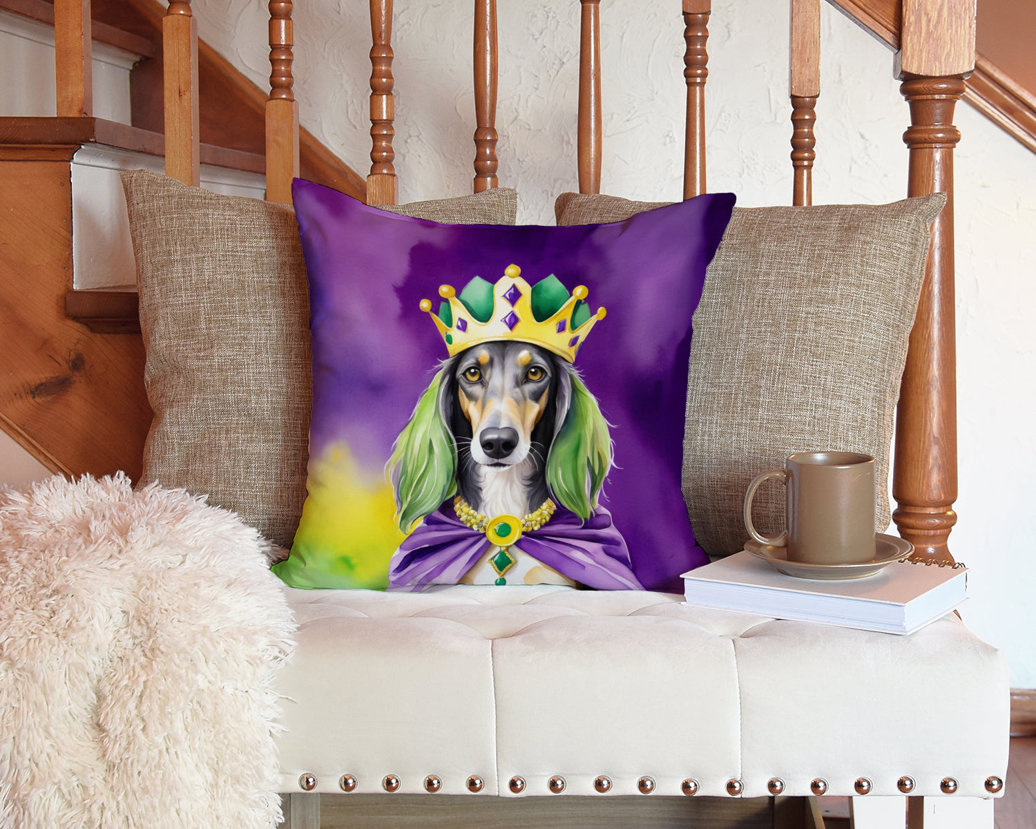 Saluki King of Mardi Gras Decorative Throw Pillow 14x14 Indoor Outdoor Accent Cushion, Fabric Cover with Insert for Sofa, Bed, Porch & Living Room