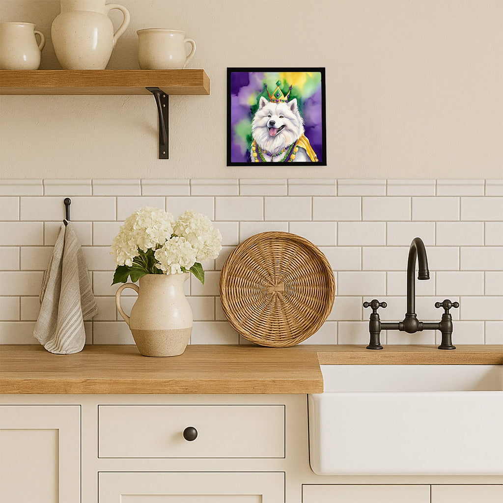 Samoyed King of Mardi Gras Framed Metal Print Bathroom, Kitchen, Office, Home Decor Wall Art Ready to Hang, Square, 8X8