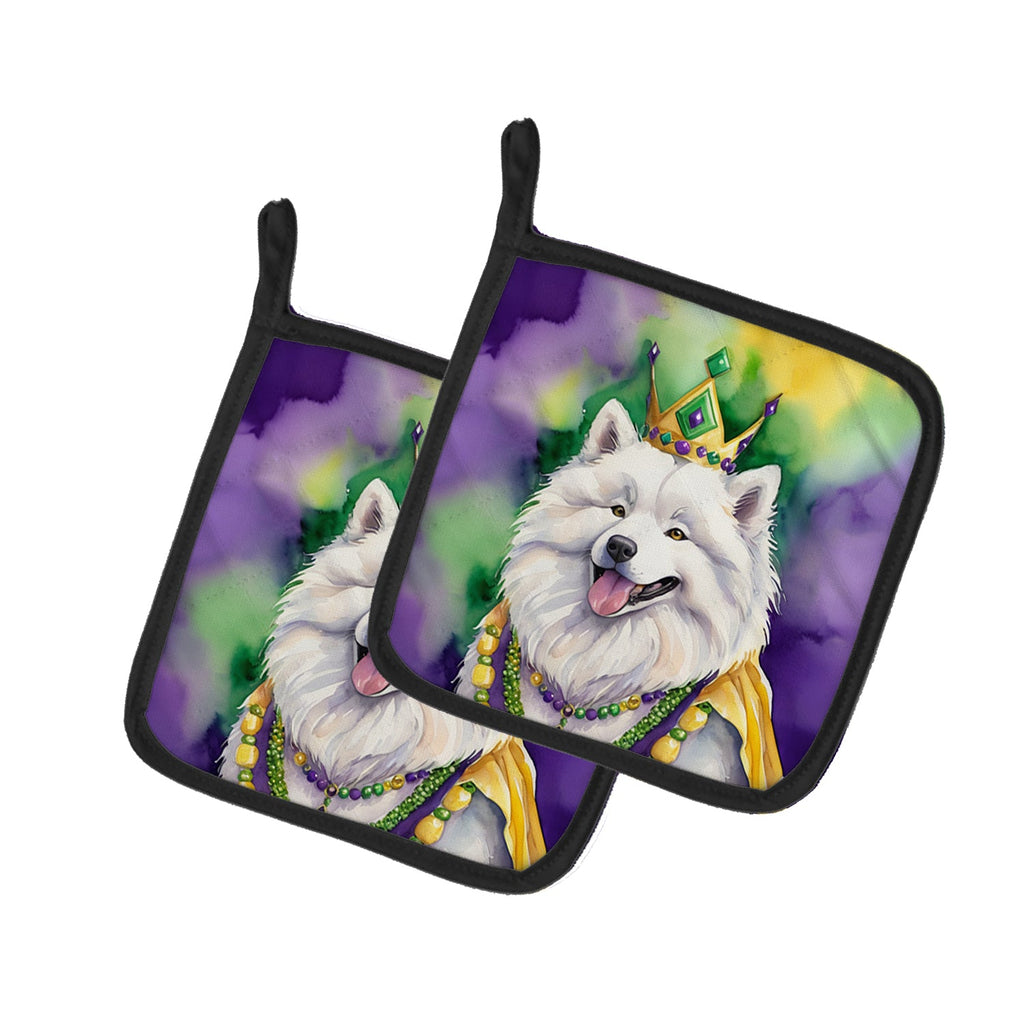 Samoyed King of Mardi Gras Pot Holder Set of 2 Heat Resistant Quilted Hot Pads 7.5 x 7.5 Inch, Insulated Kitchen Trivets for Cooking & Baking