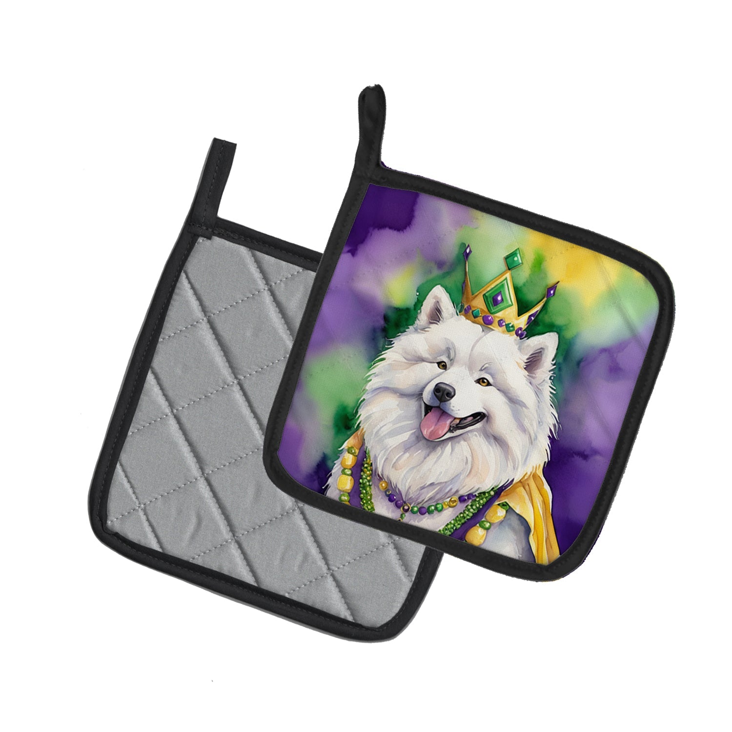 Samoyed King of Mardi Gras Pot Holder Set of 2 Heat Resistant Quilted Hot Pads 7.5 x 7.5 Inch, Insulated Kitchen Trivets for Cooking & Baking