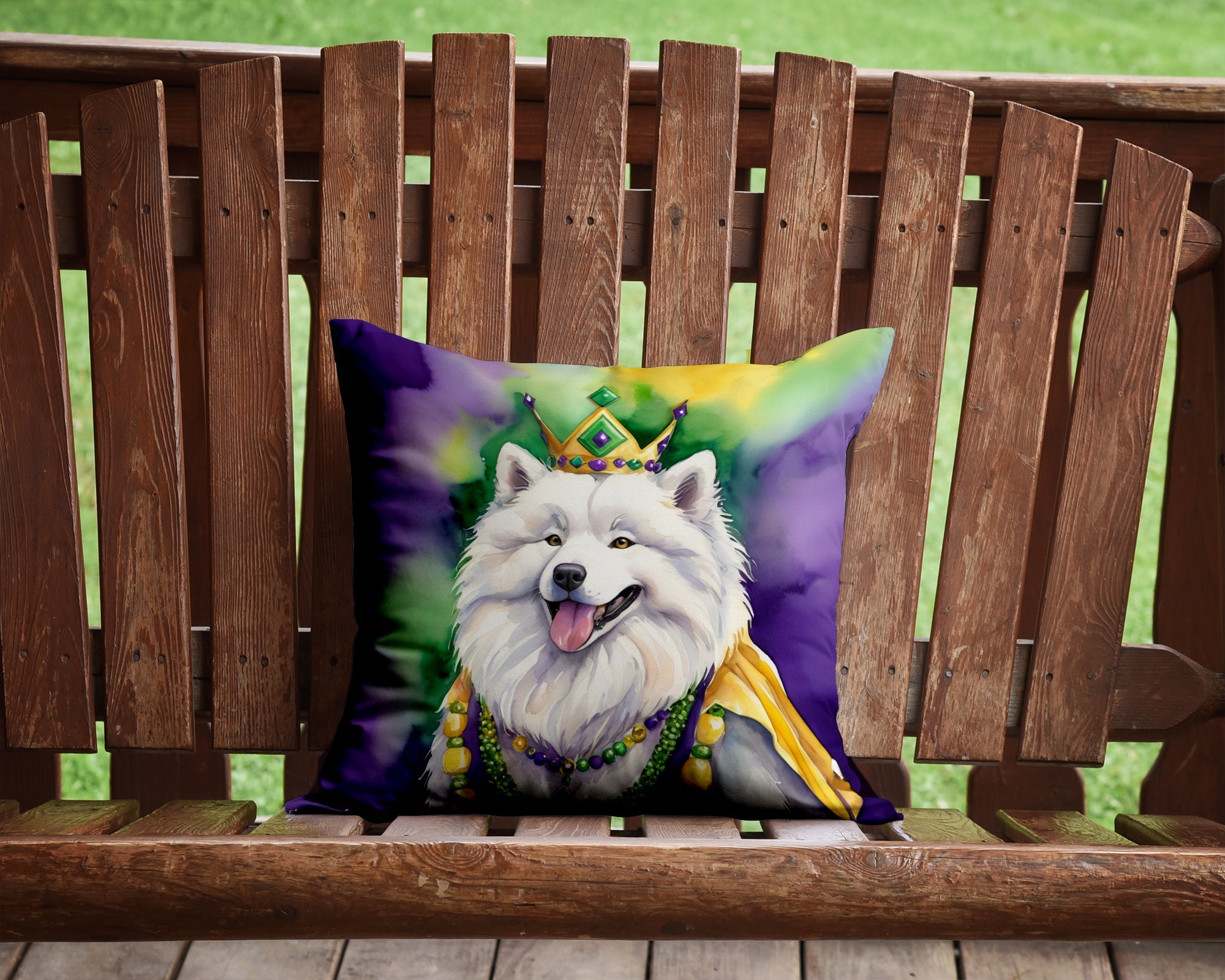 Samoyed King of Mardi Gras Decorative Throw Pillow 14x14 Indoor Outdoor Accent Cushion, Fabric Cover with Insert for Sofa, Bed, Porch & Living Room