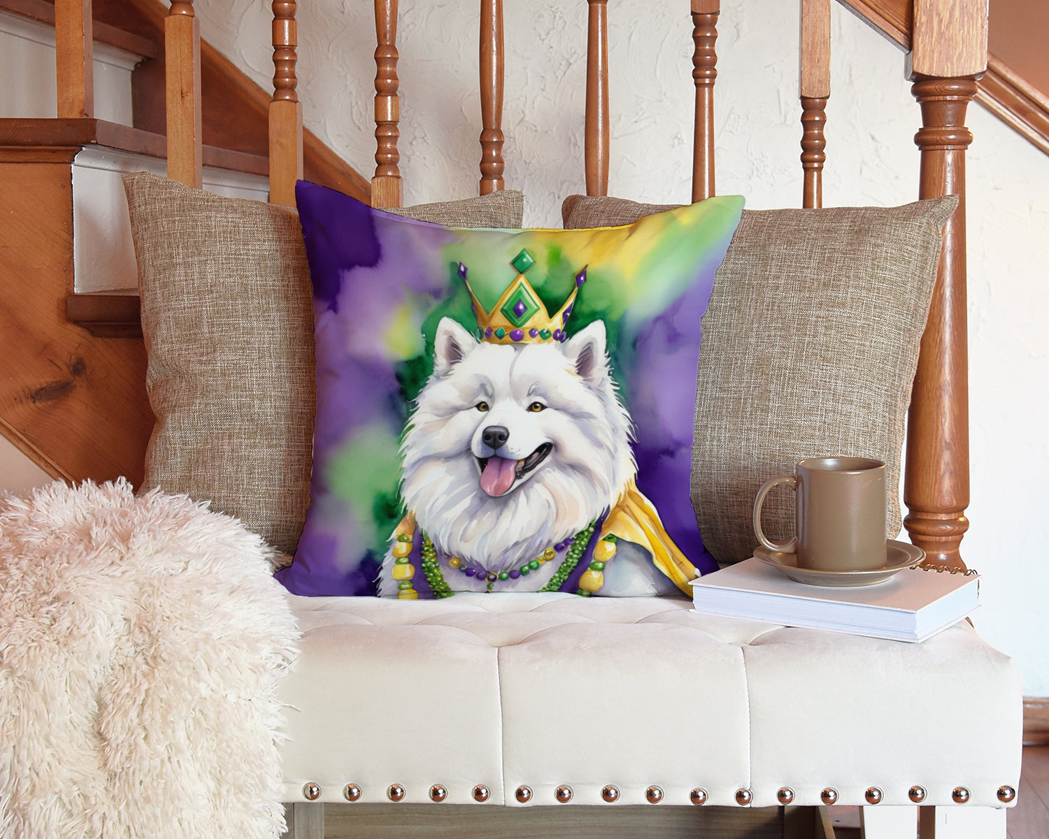 Samoyed King of Mardi Gras Decorative Throw Pillow 14x14 Indoor Outdoor Accent Cushion, Fabric Cover with Insert for Sofa, Bed, Porch & Living Room