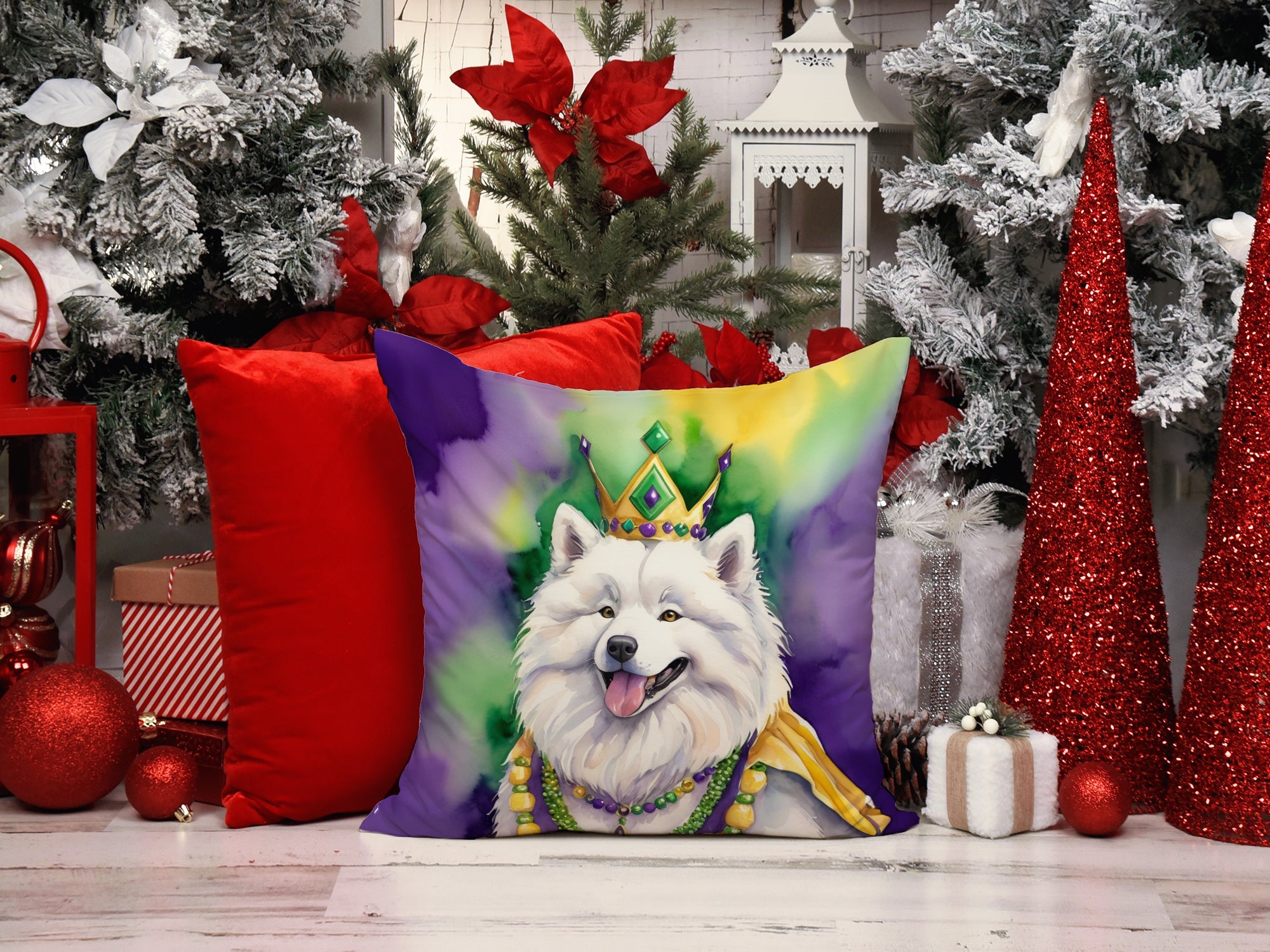 Samoyed King of Mardi Gras Decorative Throw Pillow 14x14 Indoor Outdoor Accent Cushion, Fabric Cover with Insert for Sofa, Bed, Porch & Living Room