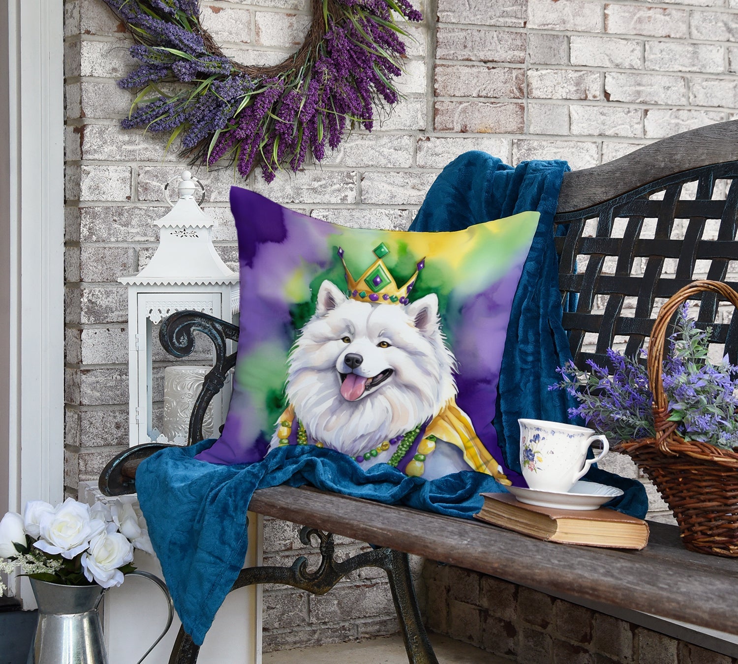 Samoyed King of Mardi Gras Decorative Throw Pillow 18x18 Indoor Outdoor Accent Cushion, Fabric Cover with Insert for Sofa, Bed, Porch & Living Room