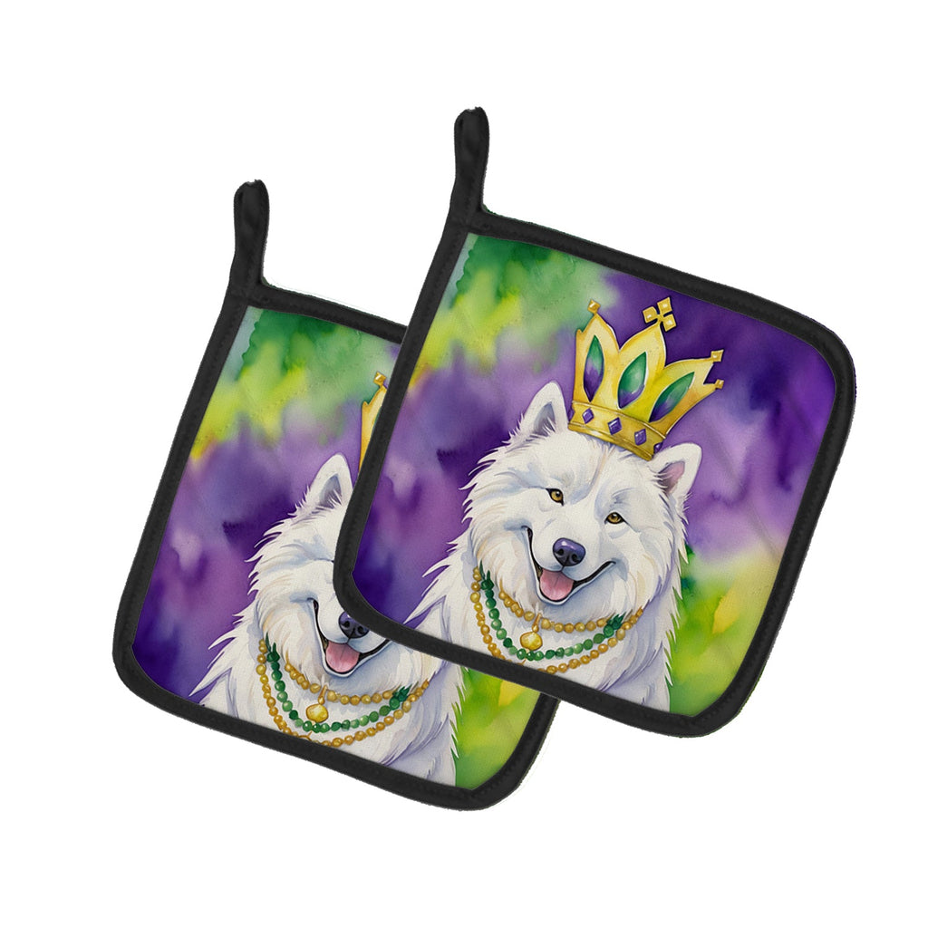 Samoyed King of Mardi Gras Pot Holder Set of 2 Heat Resistant Quilted Hot Pads 7.5 x 7.5 Inch, Insulated Kitchen Trivets for Cooking & Baking
