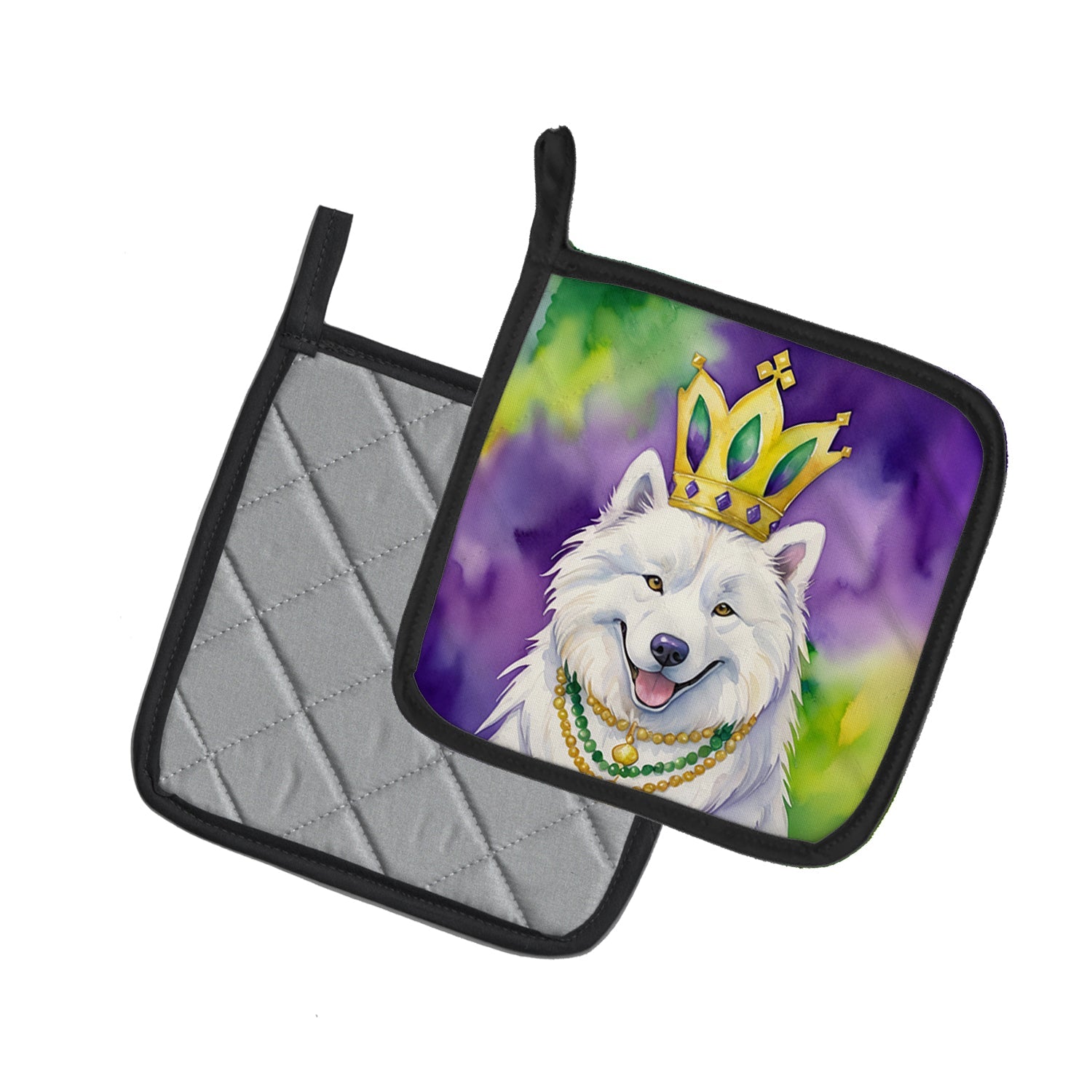 Samoyed King of Mardi Gras Pot Holder Set of 2 Heat Resistant Quilted Hot Pads 7.5 x 7.5 Inch, Insulated Kitchen Trivets for Cooking & Baking