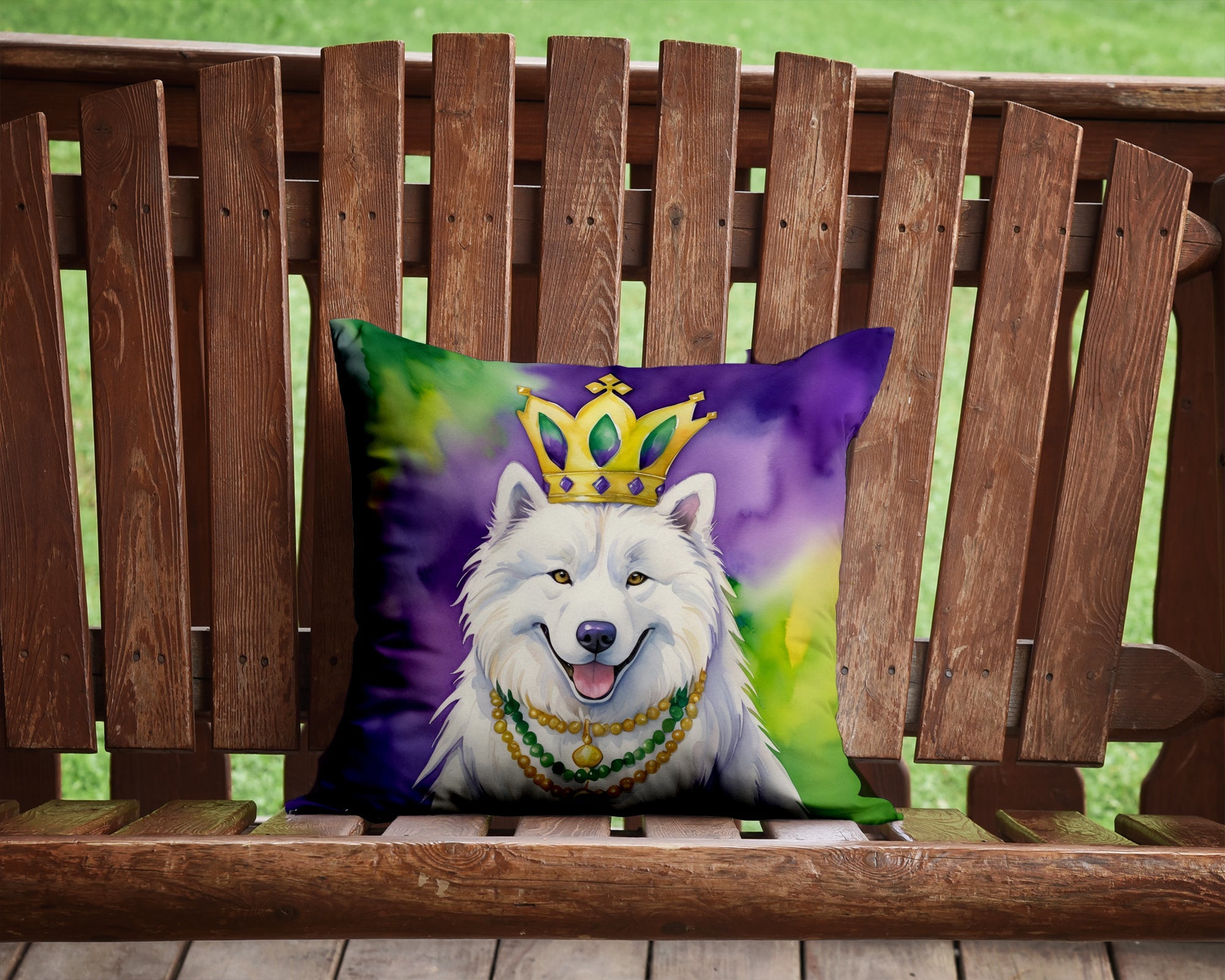 Samoyed King of Mardi Gras Decorative Throw Pillow 14x14 Indoor Outdoor Accent Cushion, Fabric Cover with Insert for Sofa, Bed, Porch & Living Room