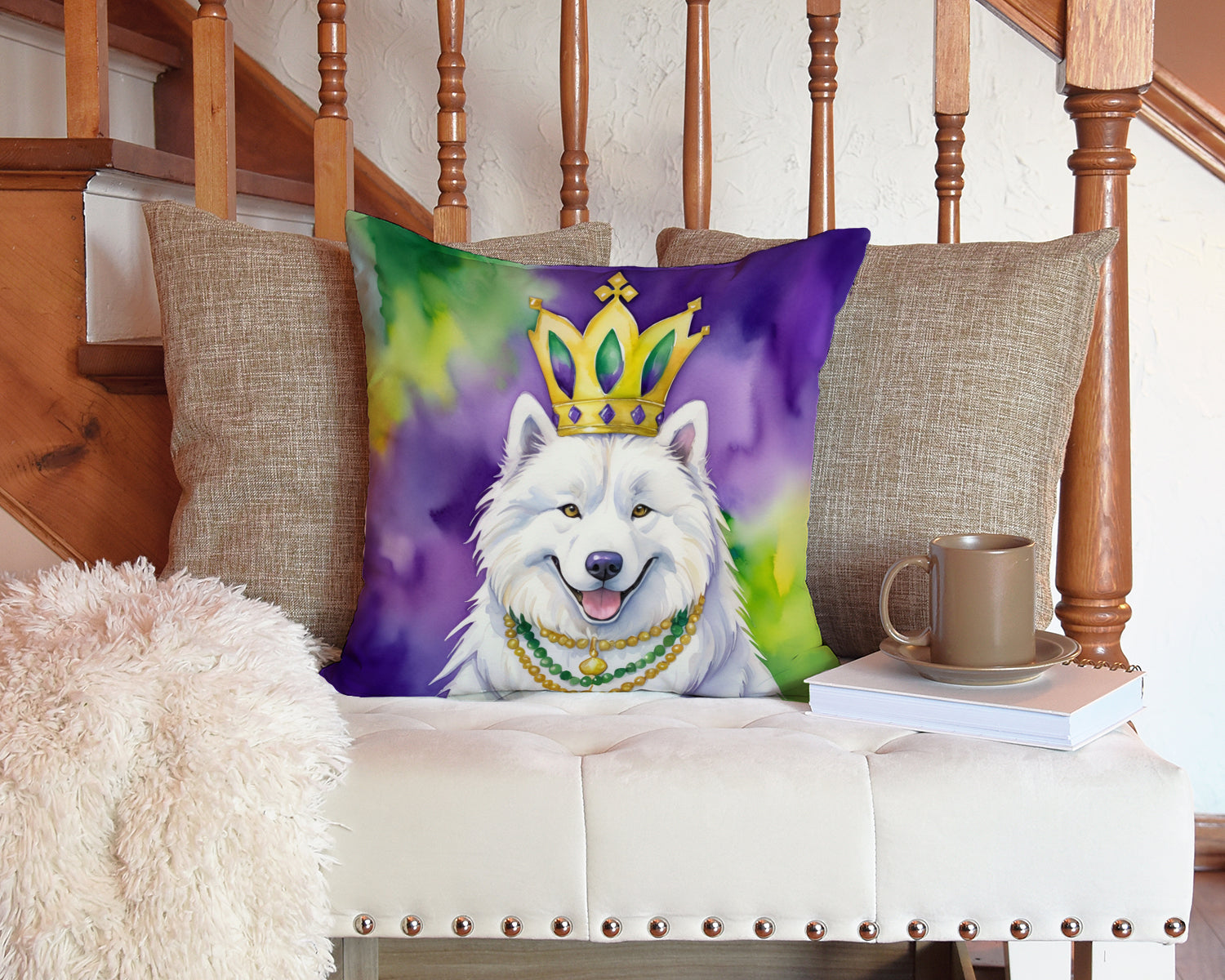 Samoyed King of Mardi Gras Decorative Throw Pillow 14x14 Indoor Outdoor Accent Cushion, Fabric Cover with Insert for Sofa, Bed, Porch & Living Room