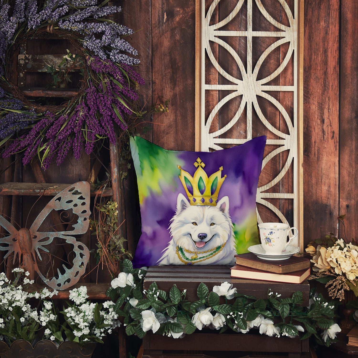 Samoyed King of Mardi Gras Decorative Throw Pillow 14x14 Indoor Outdoor Accent Cushion, Fabric Cover with Insert for Sofa, Bed, Porch & Living Room