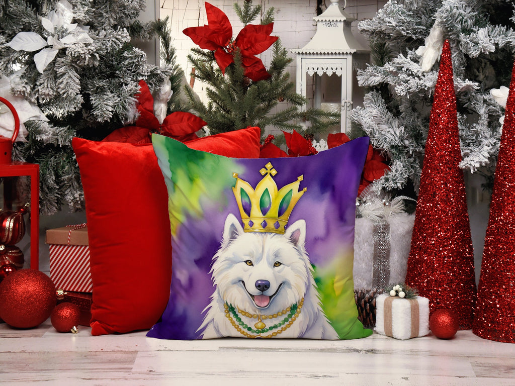 Samoyed King of Mardi Gras Decorative Throw Pillow 14x14 Indoor Outdoor Accent Cushion, Fabric Cover with Insert for Sofa, Bed, Porch & Living Room