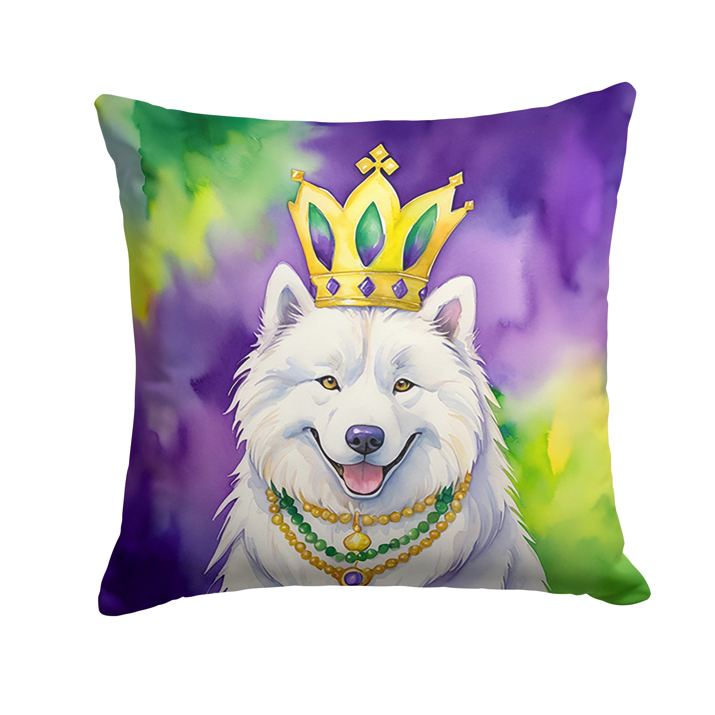 Samoyed King of Mardi Gras Decorative Throw Pillow 18x18 Indoor Outdoor Accent Cushion, Fabric Cover with Insert for Sofa, Bed, Porch & Living Room