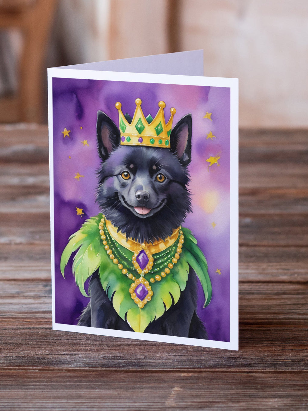 Schipperke King of Mardi Gras Greeting Cards Pack of 8 Blank Cards with Envelopes Whimsical A7 Size 5x7