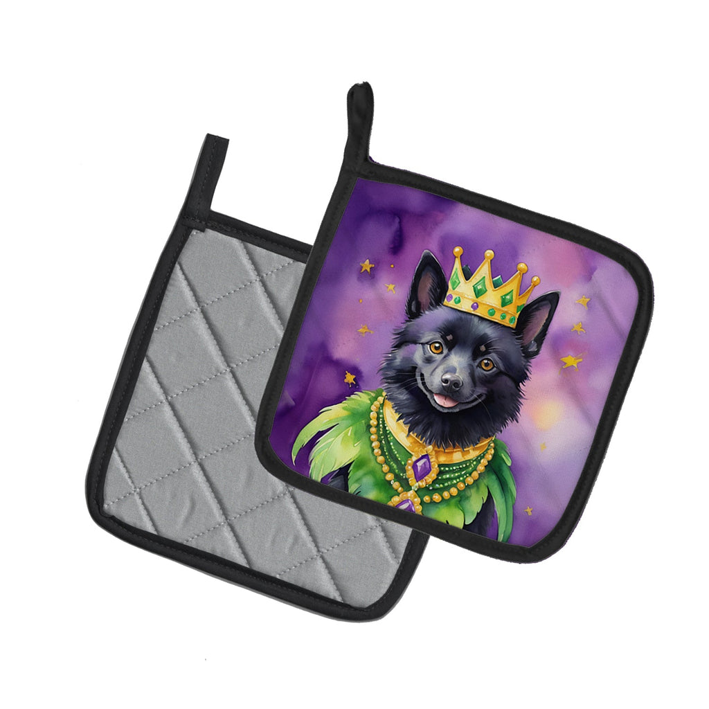 Schipperke King of Mardi Gras Pot Holder Set of 2 Heat Resistant Quilted Hot Pads 7.5 x 7.5 Inch, Insulated Kitchen Trivets for Cooking & Baking