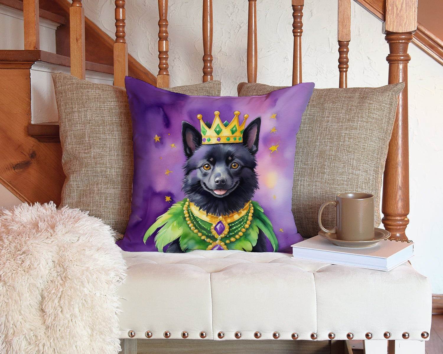 Schipperke King of Mardi Gras Decorative Throw Pillow 14x14 Indoor Outdoor Accent Cushion, Fabric Cover with Insert for Sofa, Bed, Porch & Living Room