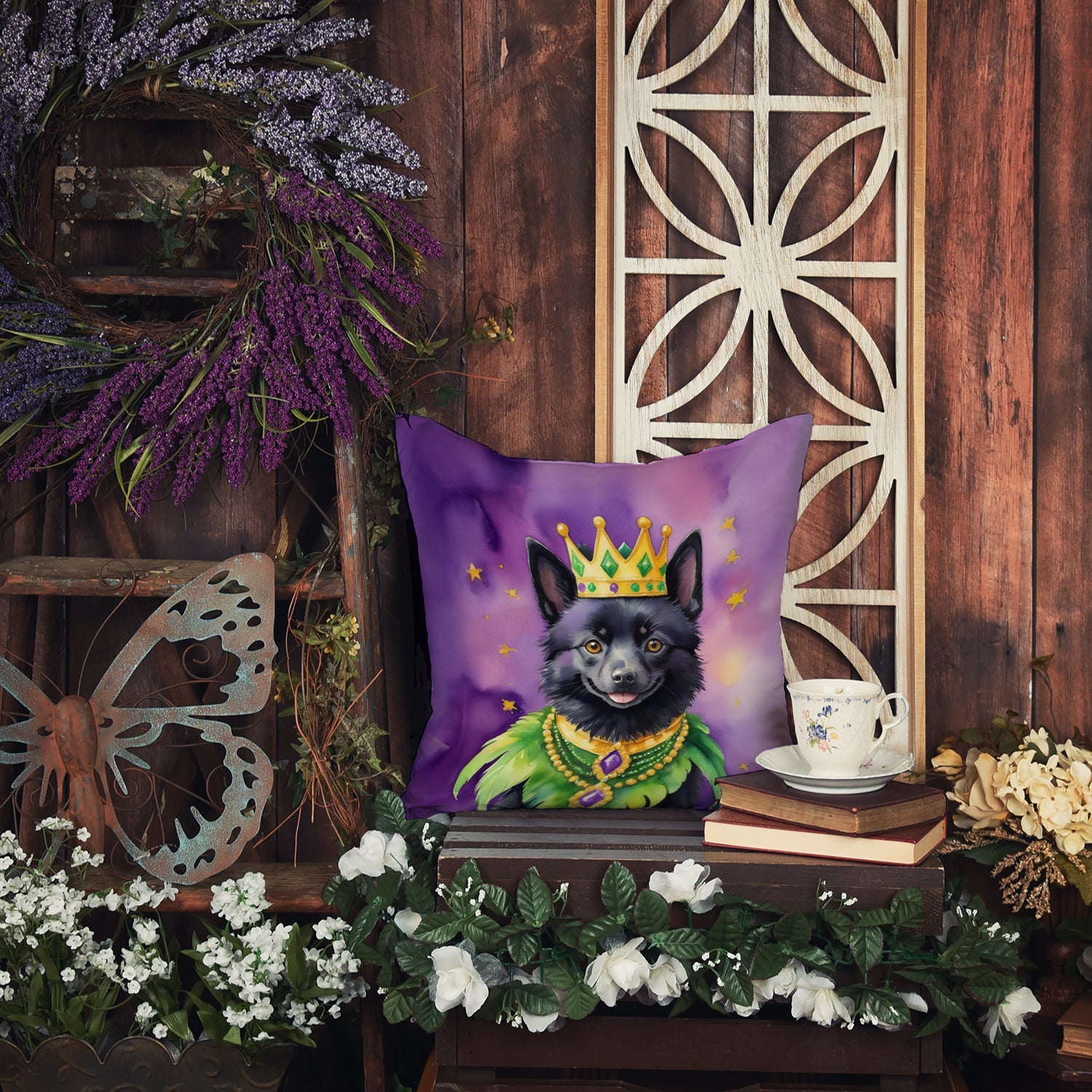 Schipperke King of Mardi Gras Decorative Throw Pillow 14x14 Indoor Outdoor Accent Cushion, Fabric Cover with Insert for Sofa, Bed, Porch & Living Room
