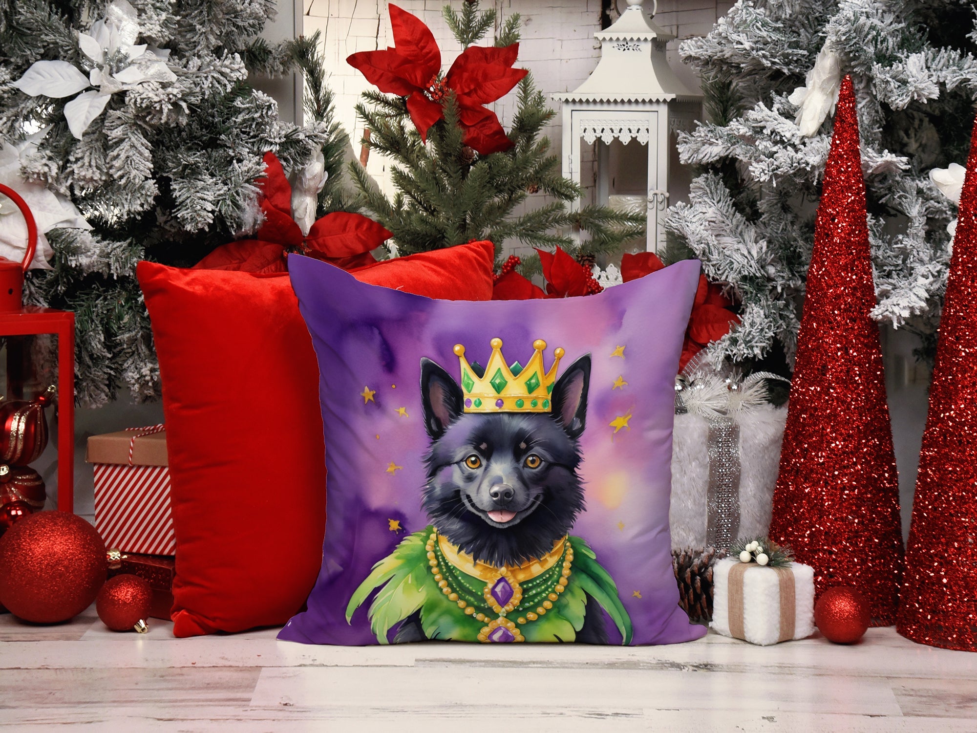 Schipperke King of Mardi Gras Decorative Throw Pillow 14x14 Indoor Outdoor Accent Cushion, Fabric Cover with Insert for Sofa, Bed, Porch & Living Room