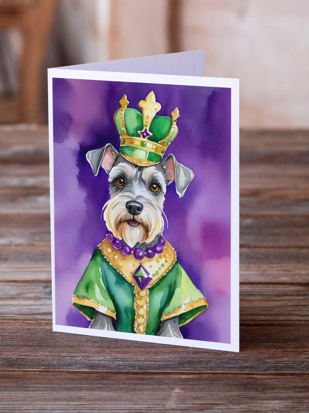 Schnauzer King of Mardi Gras Greeting Cards Pack of 8 Blank Cards with Envelopes Whimsical A7 Size 5x7