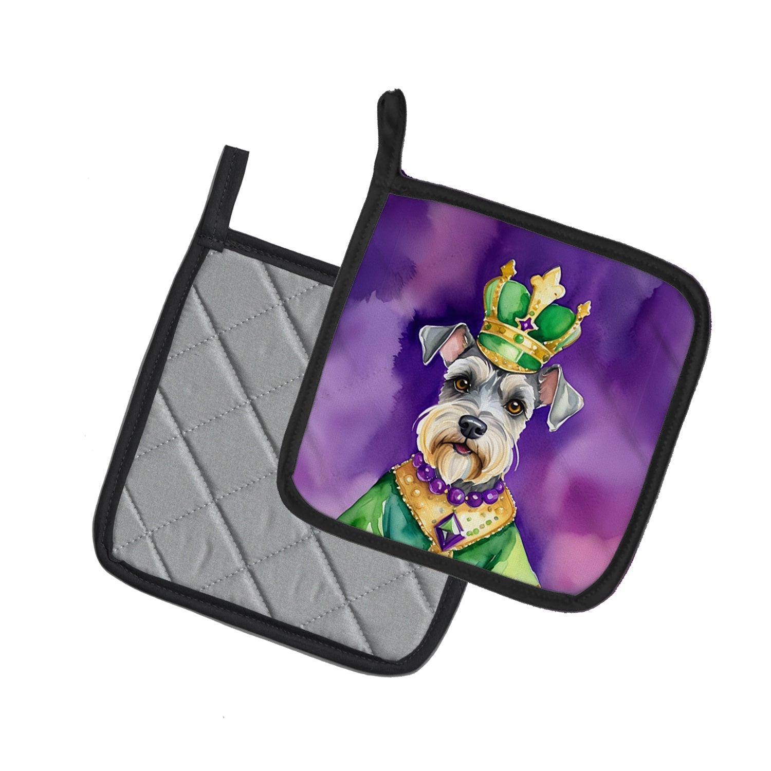 Schnauzer King of Mardi Gras Pot Holder Set of 2 Heat Resistant Quilted Hot Pads 7.5 x 7.5 Inch, Insulated Kitchen Trivets for Cooking & Baking