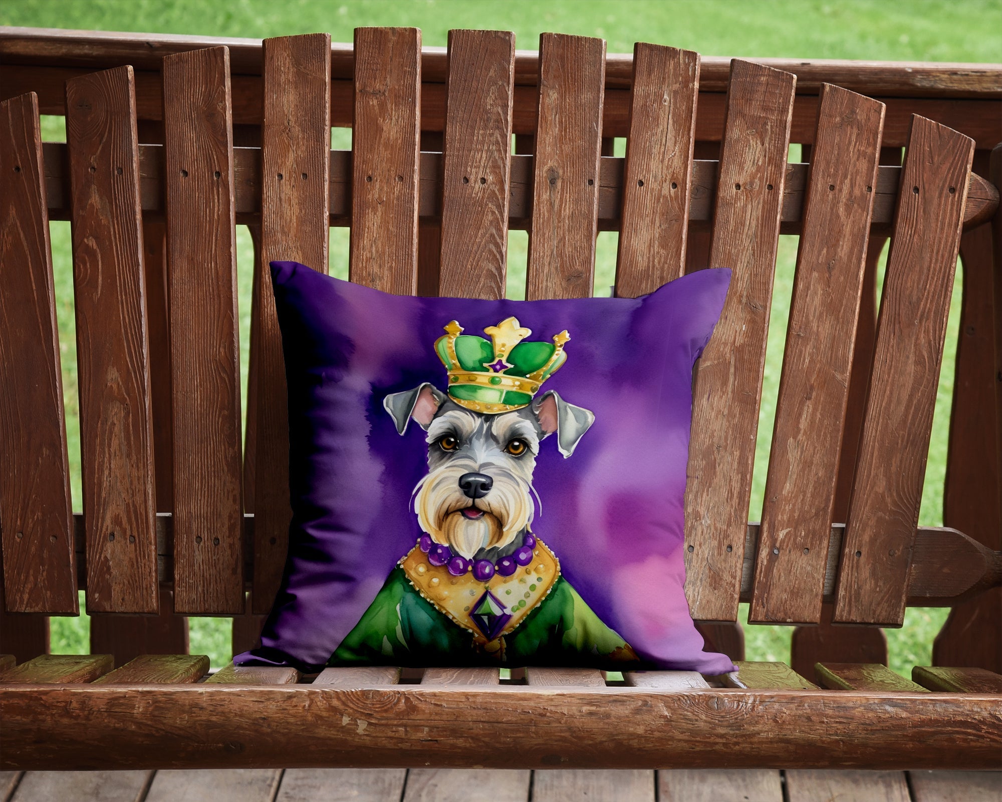Schnauzer King of Mardi Gras Decorative Throw Pillow 14x14 Indoor Outdoor Accent Cushion, Fabric Cover with Insert for Sofa, Bed, Porch & Living Room