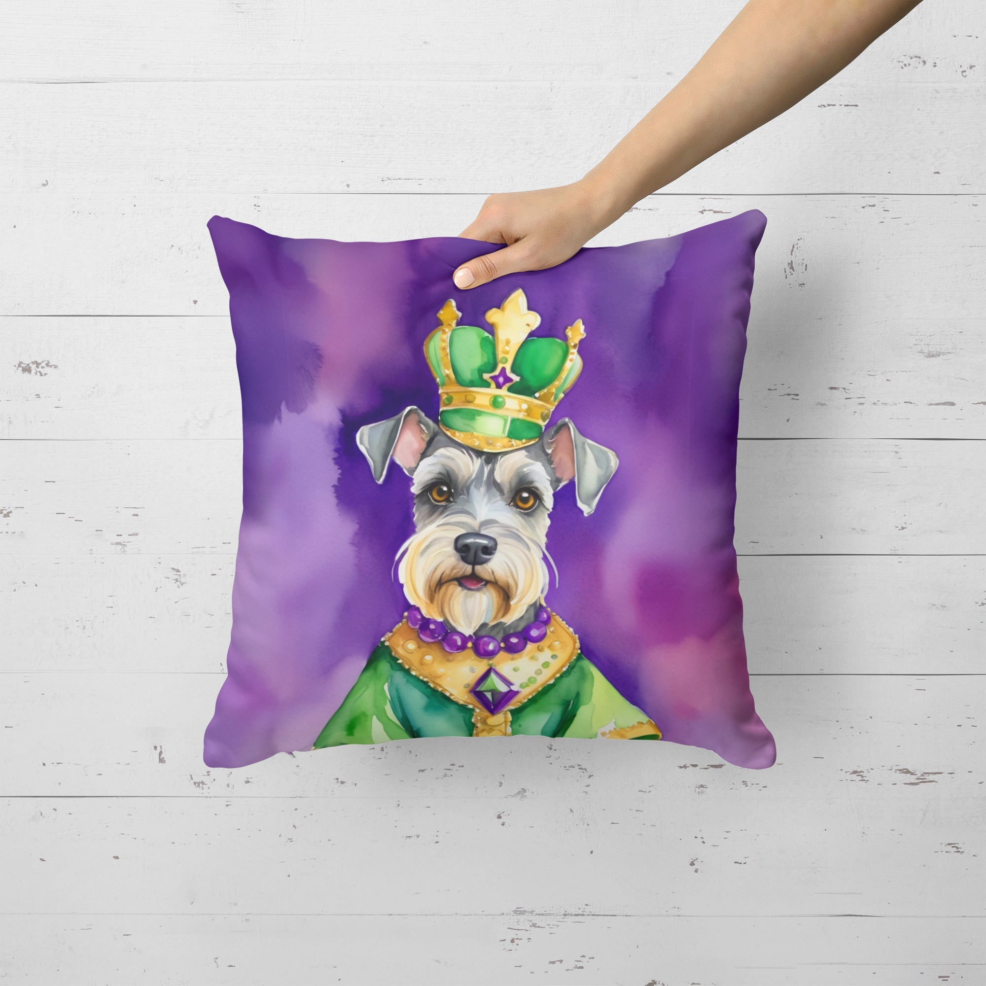Schnauzer King of Mardi Gras Decorative Throw Pillow 18x18 Indoor Outdoor Accent Cushion, Fabric Cover with Insert for Sofa, Bed, Porch & Living Room